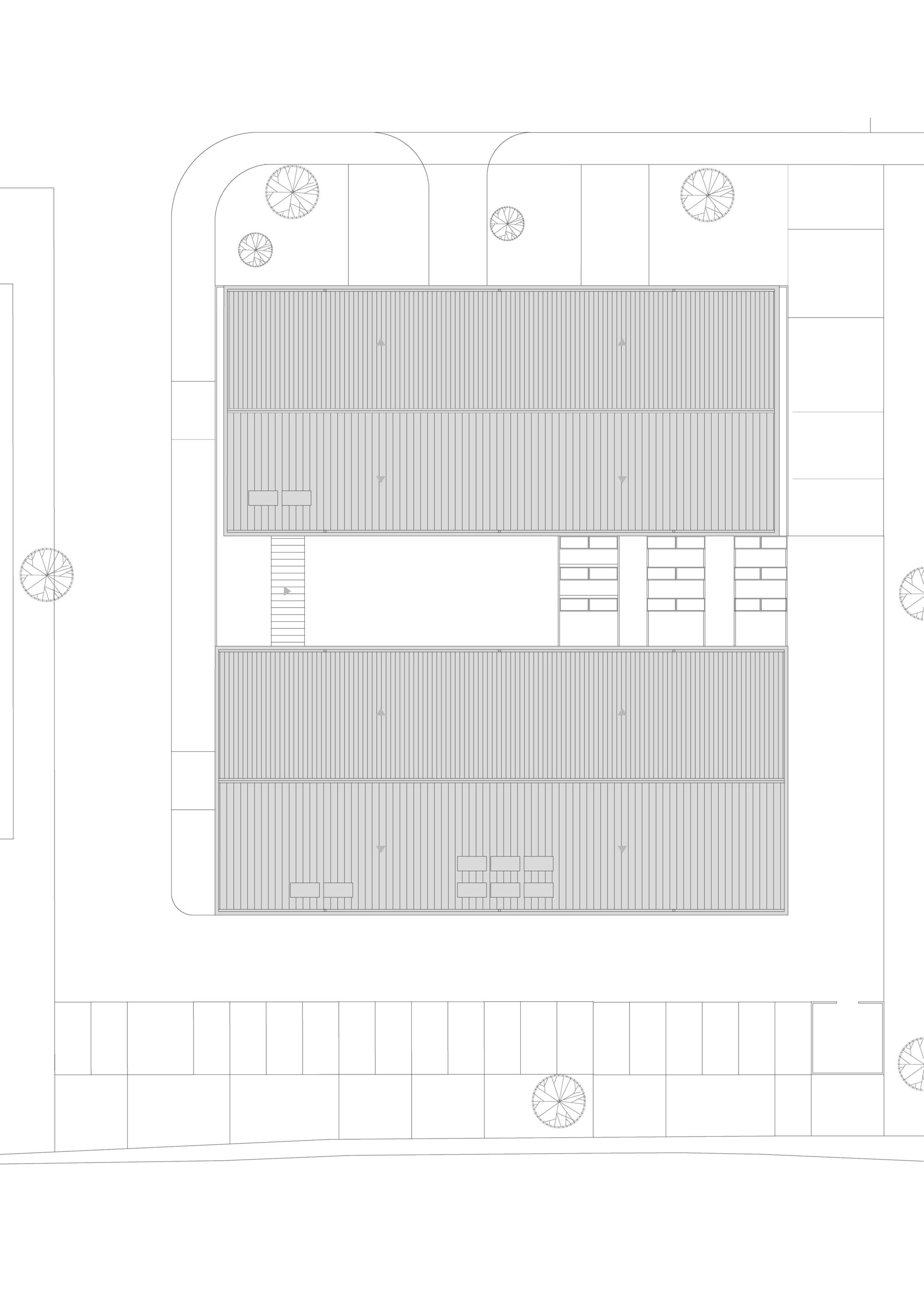 Roof plan drawing depicting two gabled volumes with vertical cladding and three stair cores between them