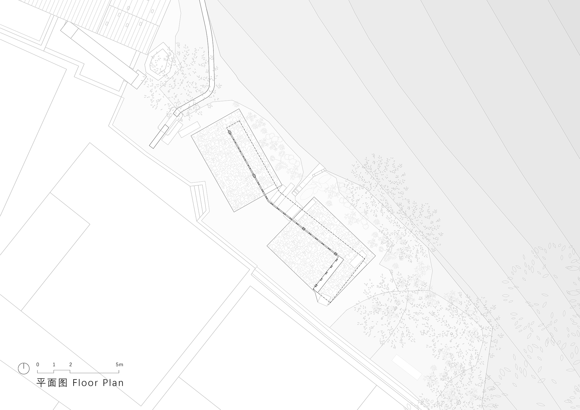 Floor plan drawing depicting elongated curved volumes with central circulation spine and surrounding trees