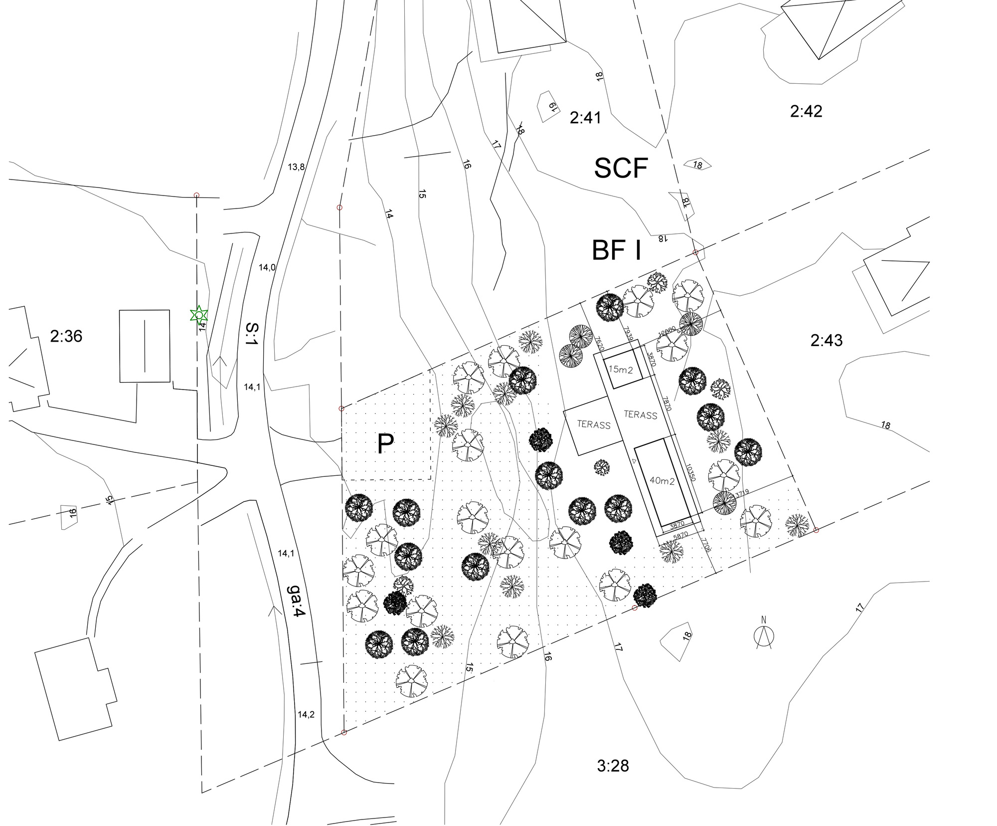 Site plan drawing showing rectangular volumes, terraces, and tree canopy symbols on sloped terrain