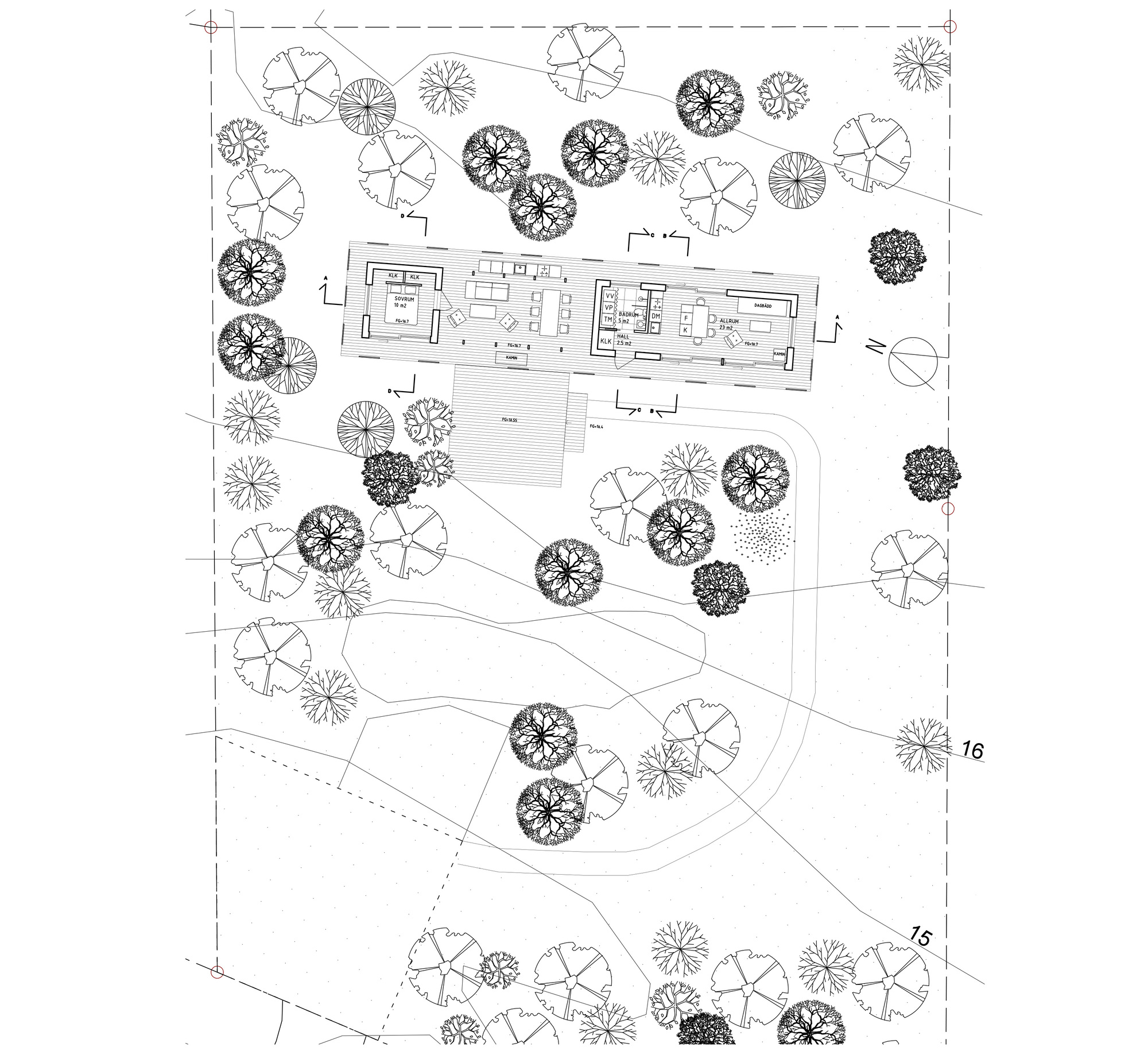 Site plan drawing showing a linear residence surrounded by scattered tree canopies and curving pathways