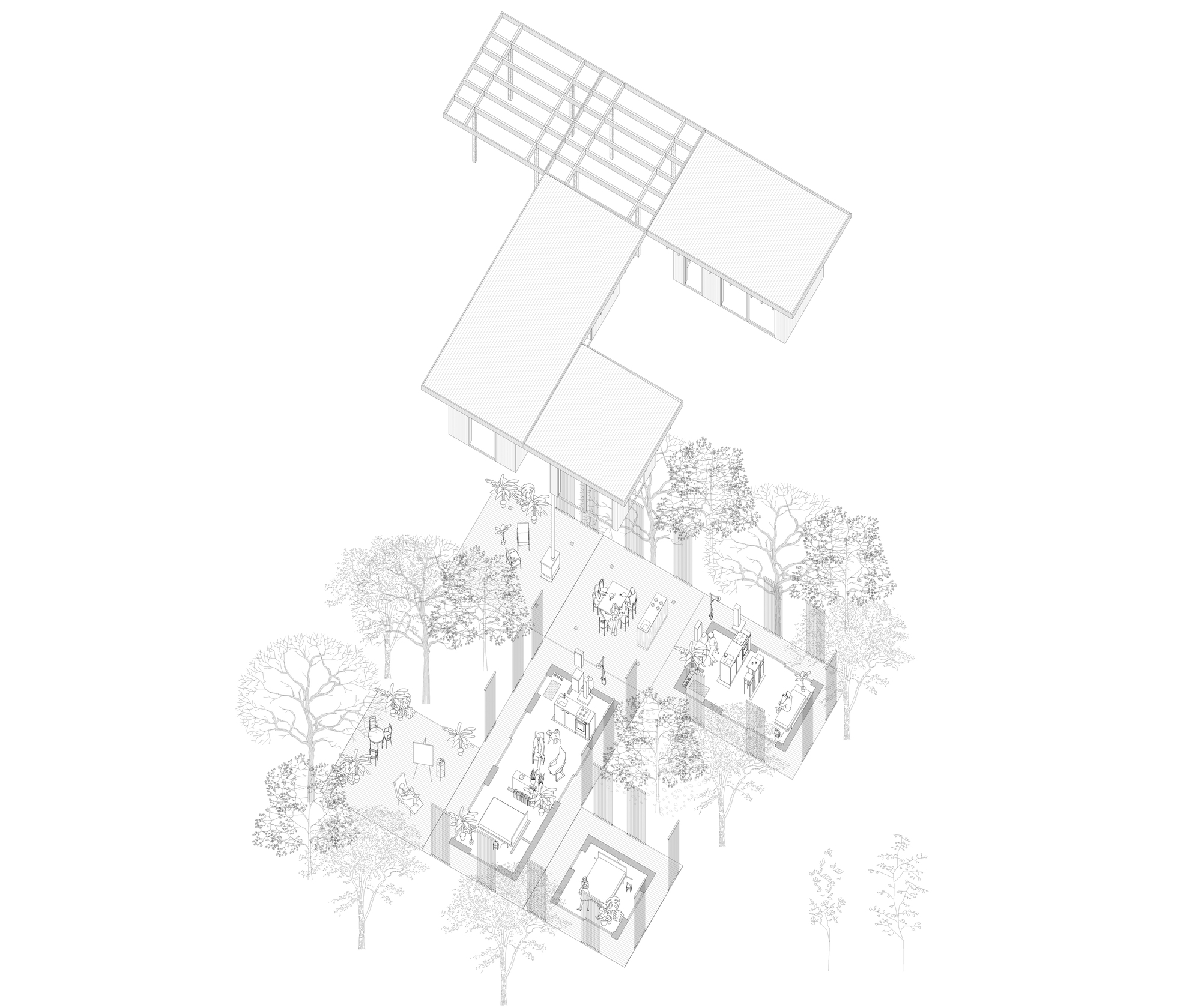 Axonometric drawing showing two L-shaped pavilion volumes with exposed roof framing embedded among surrounding trees