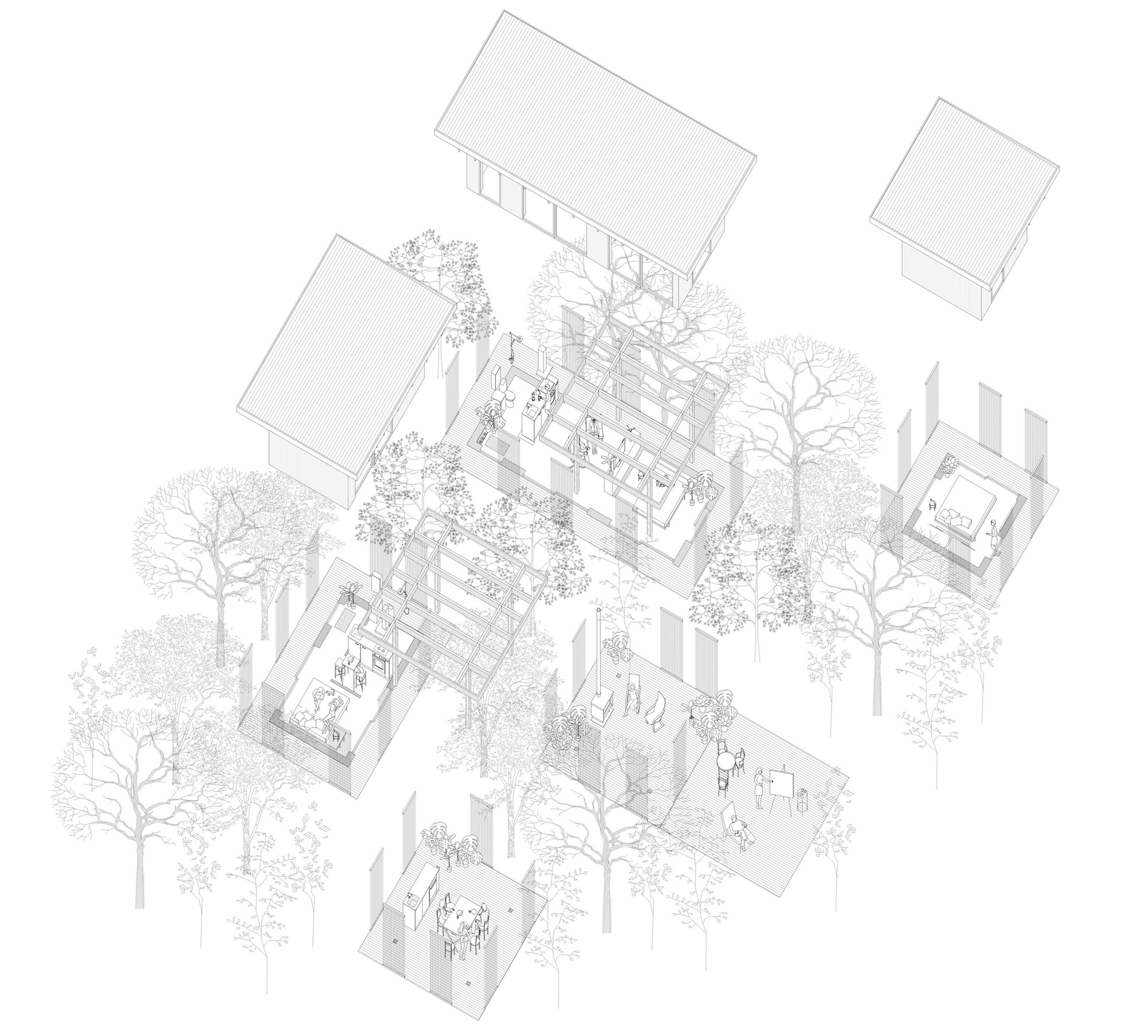 Axonometric drawing showing multiple pavilion volumes with interior spaces and surrounding trees