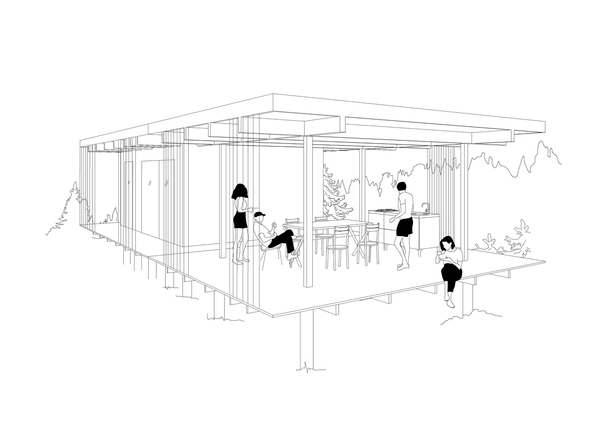 Perspective drawing of a raised glass pavilion with people gathering around a dining table