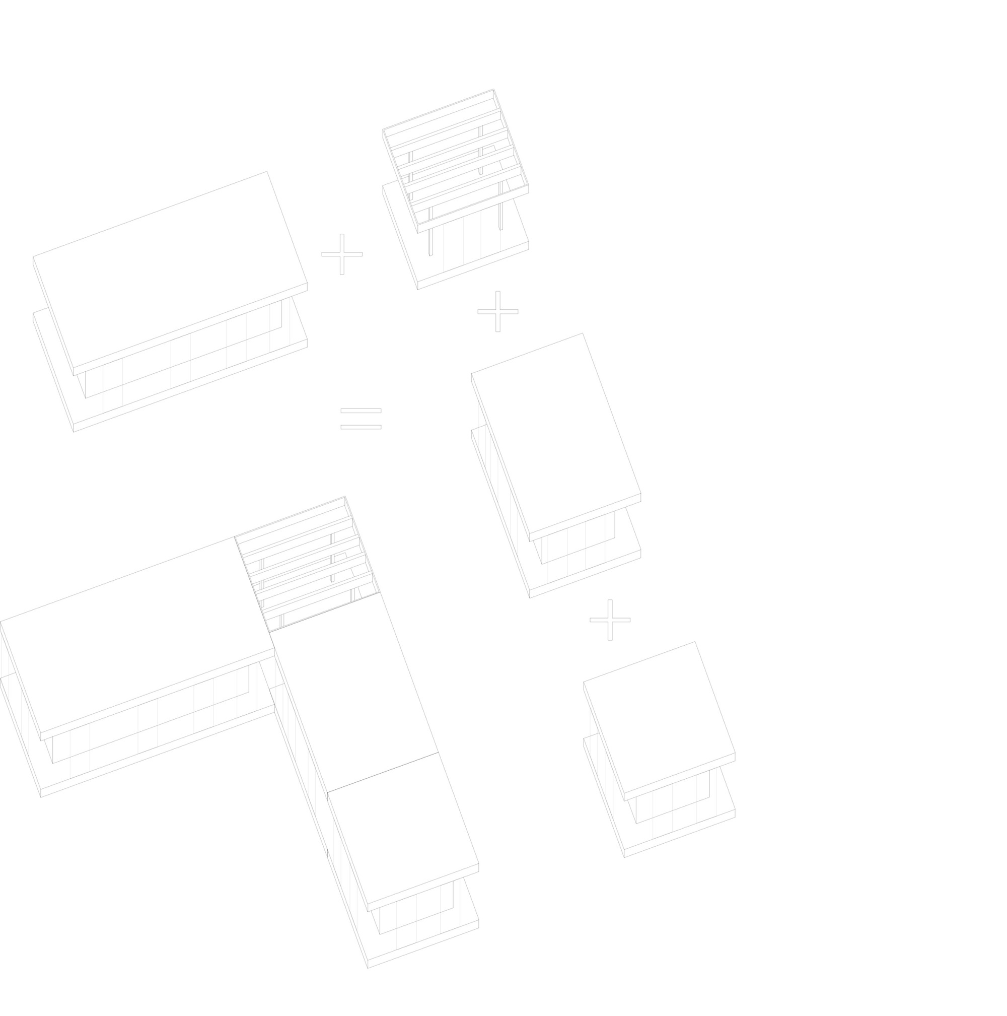 Site plan drawing showing five rectangular volumes scattered across the terrain with louvered roof elements