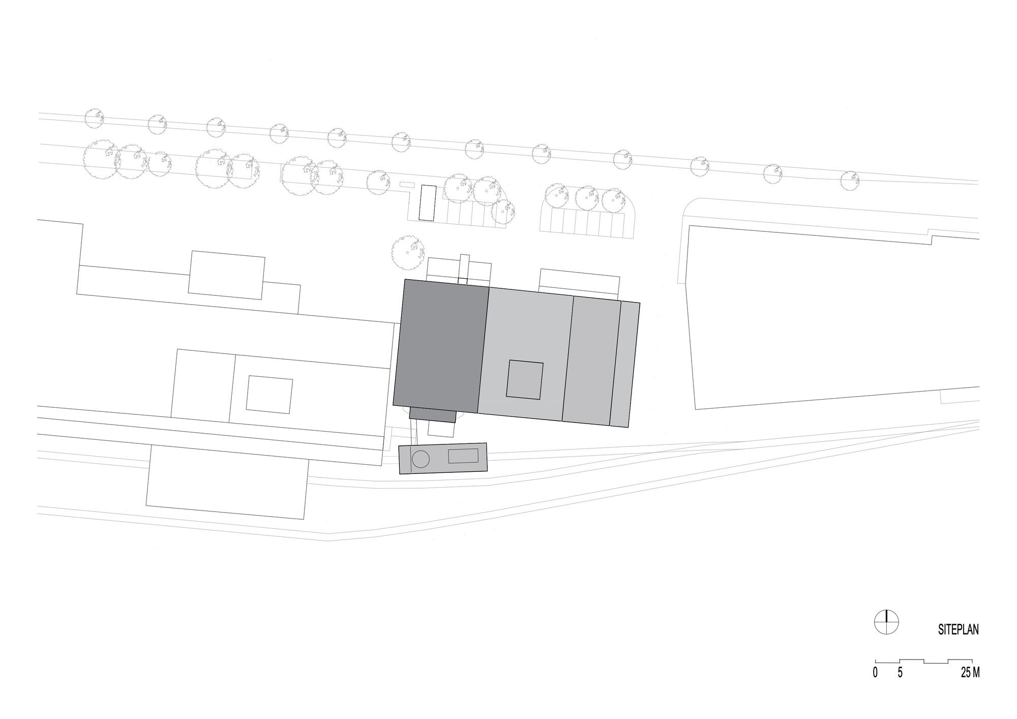 Site plan drawing showing building footprints, tree placements, and surrounding streets in context