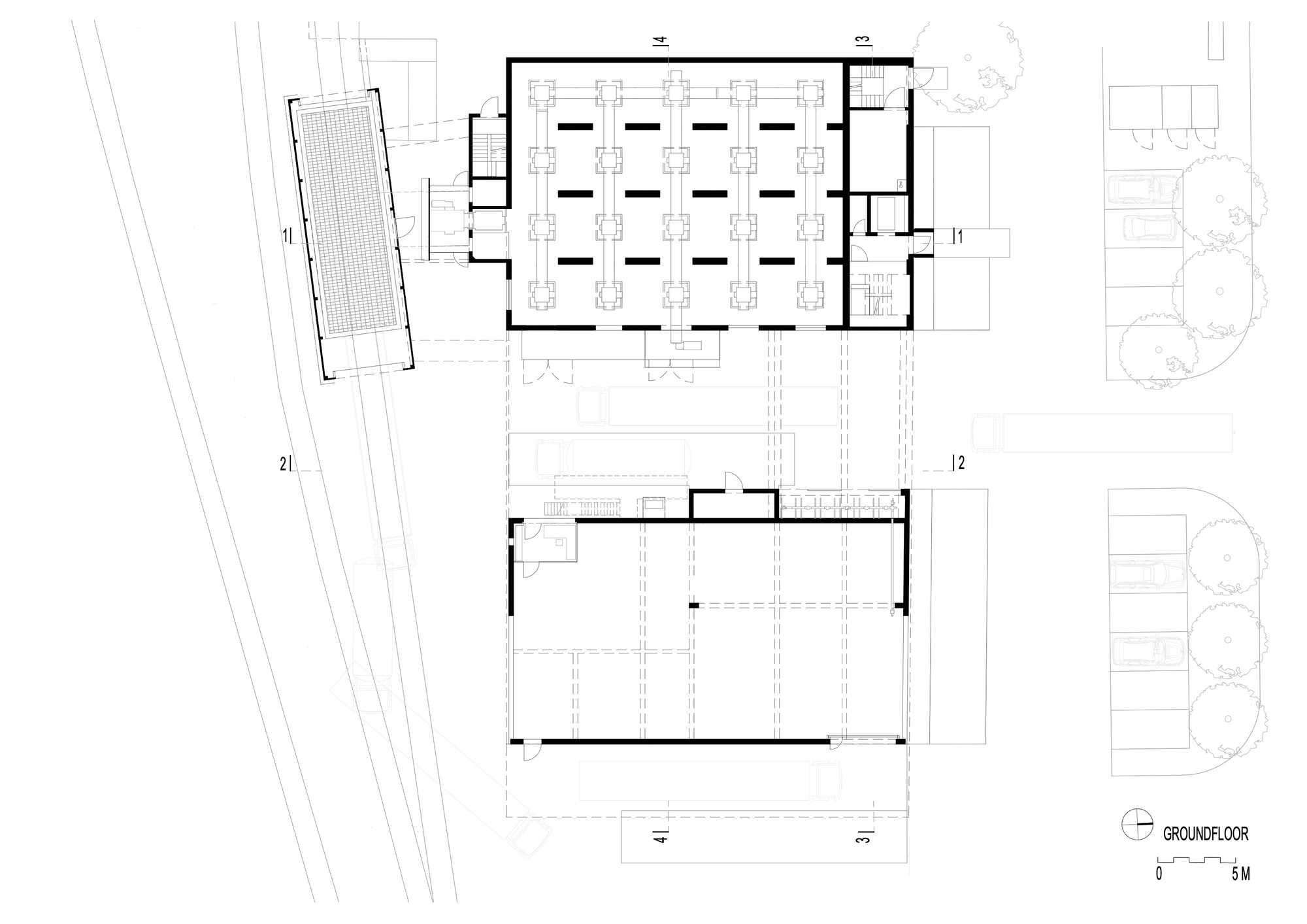 Ground floor plan drawing showing office spaces, large production hall, and adjacent structures