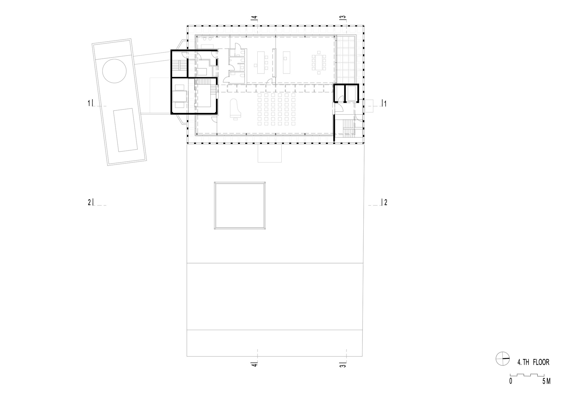 Fourth floor plan drawing showing open interior spaces with furniture layout and an adjacent pool structure