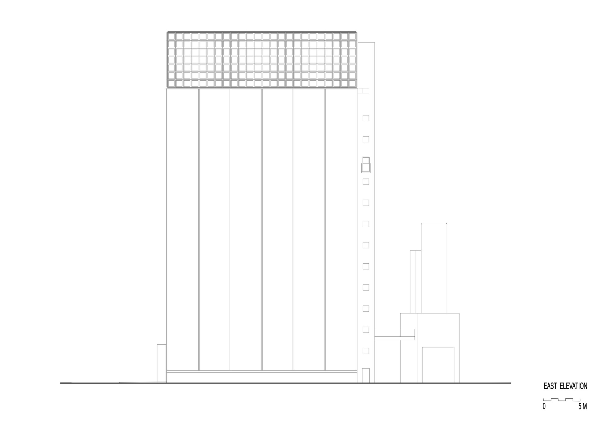 East elevation drawing depicting the tower with gridded top and neighboring structures of varying heights
