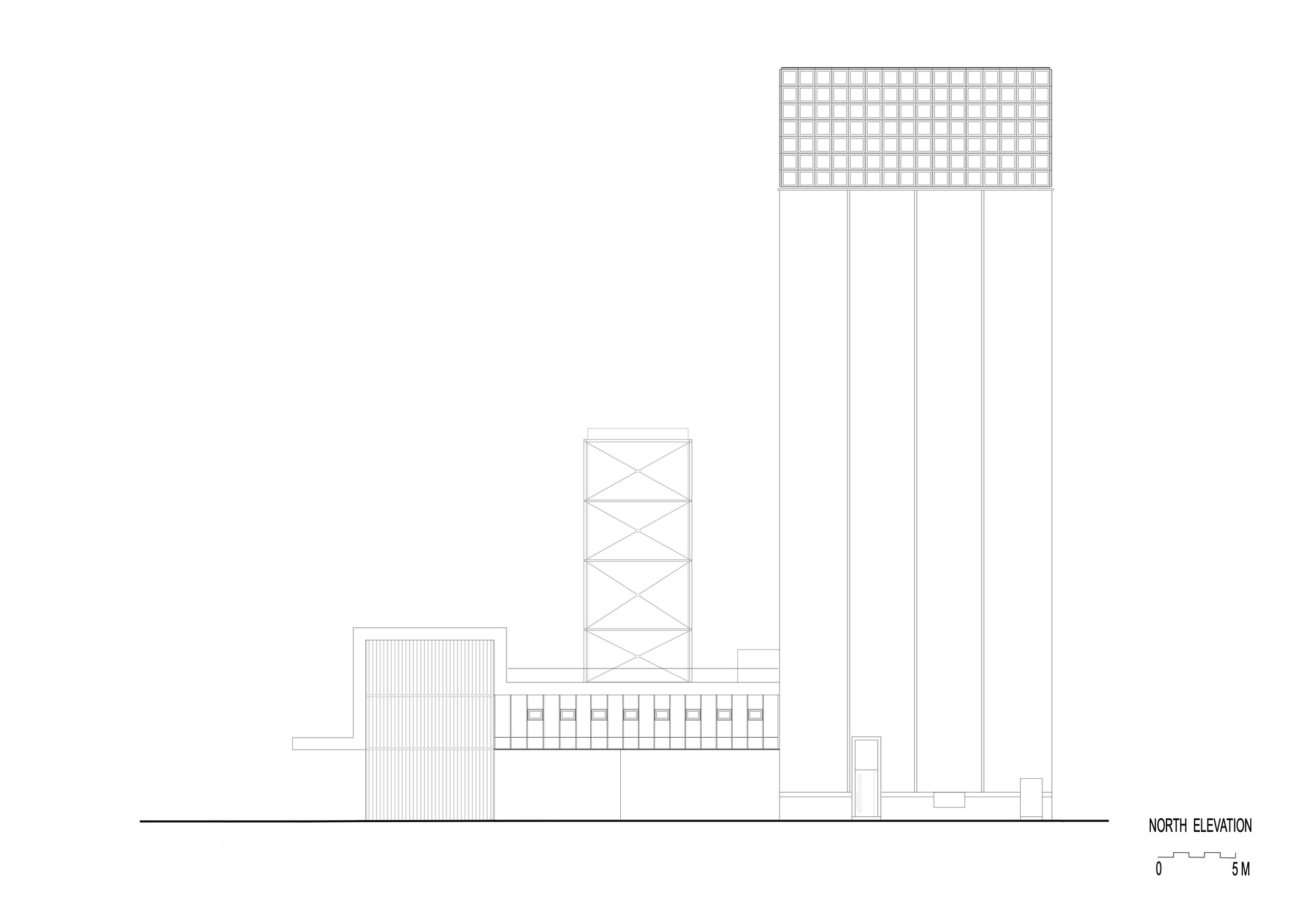 North elevation drawing showing a tall tower with gridded parapet alongside lower structures and a lattice element