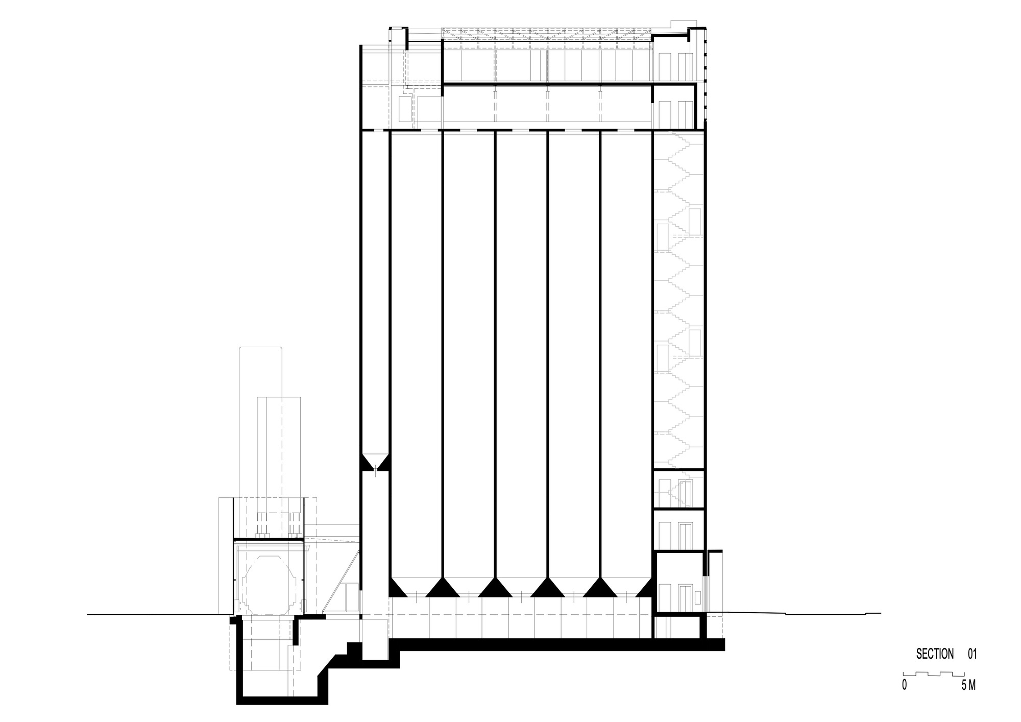 Section drawing displaying vertical tower bays with conical bases and a lattice roof element above connected spaces