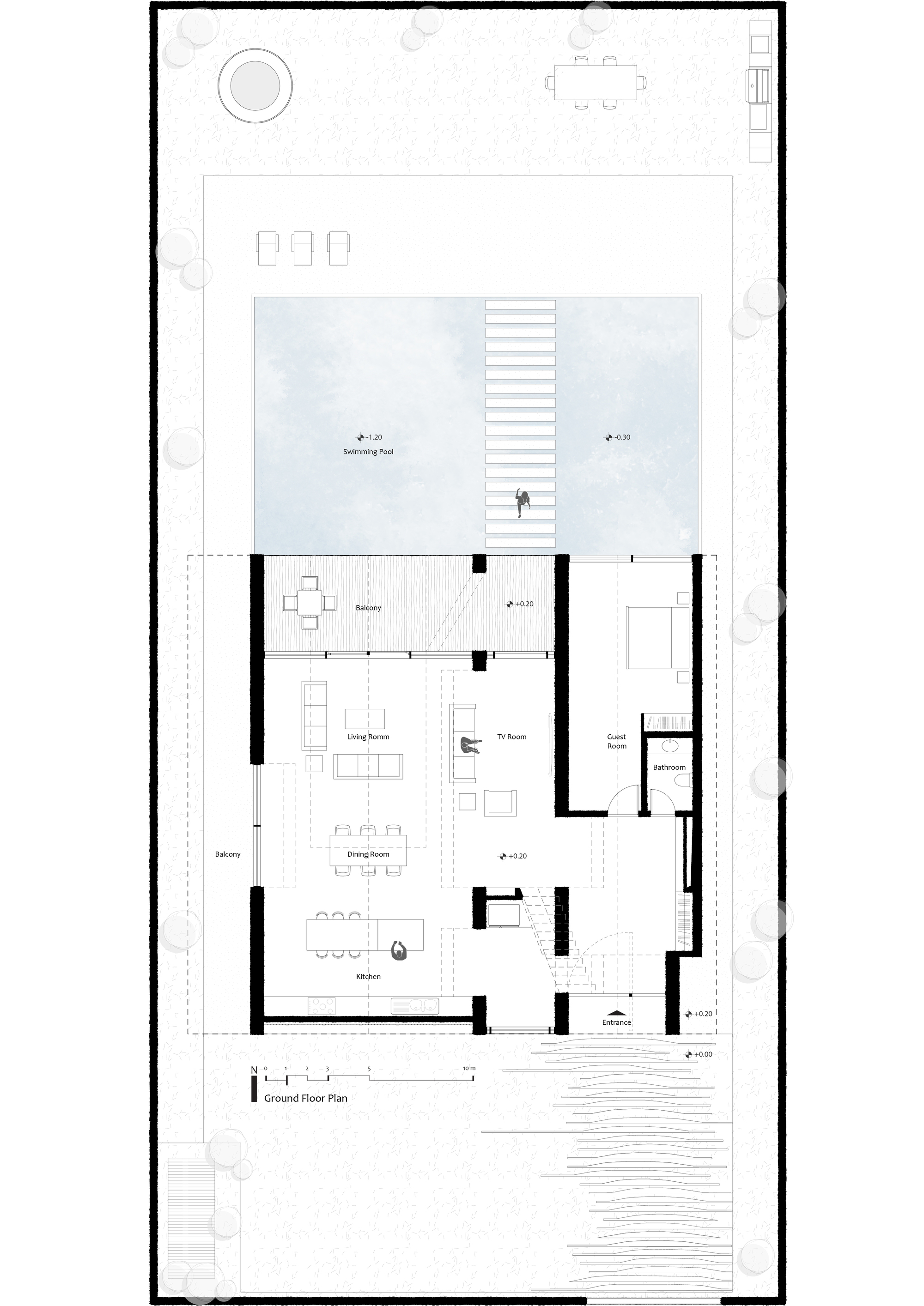 Ground floor plan drawing showing living spaces and a large central courtyard with swimming pool