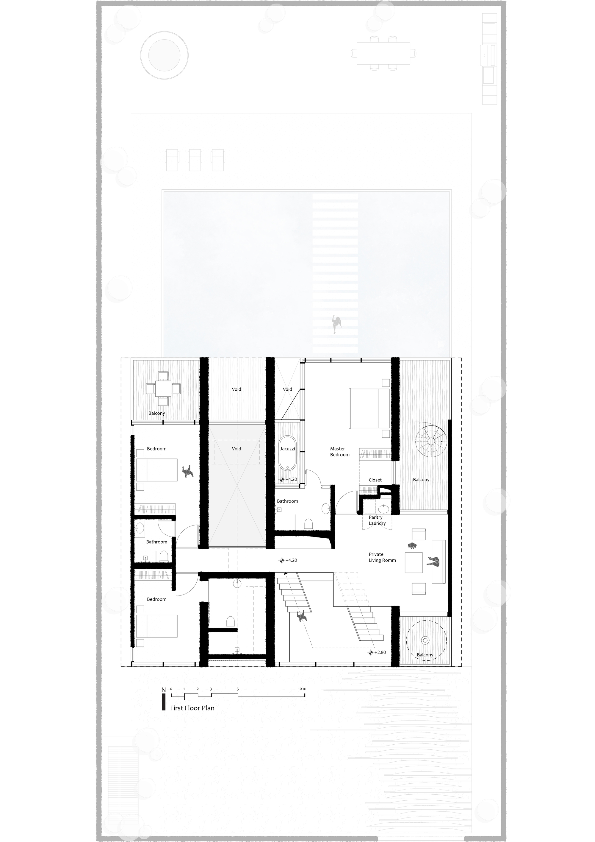 First floor plan drawing showing rooms arranged around a central staircase with planted courtyards