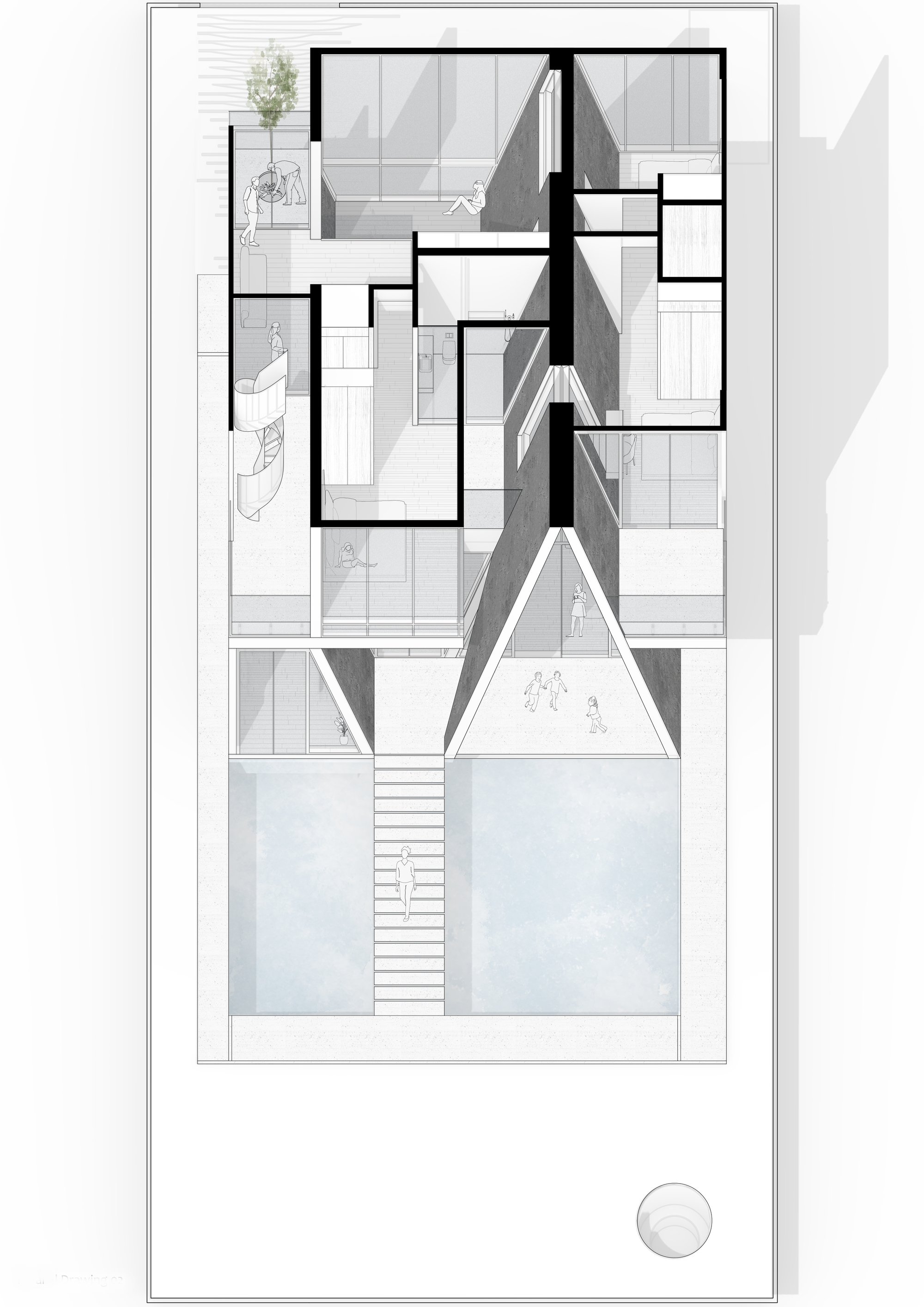 Plan view drawing of sloped roof structure with triangular skylight penetrating multiple levels