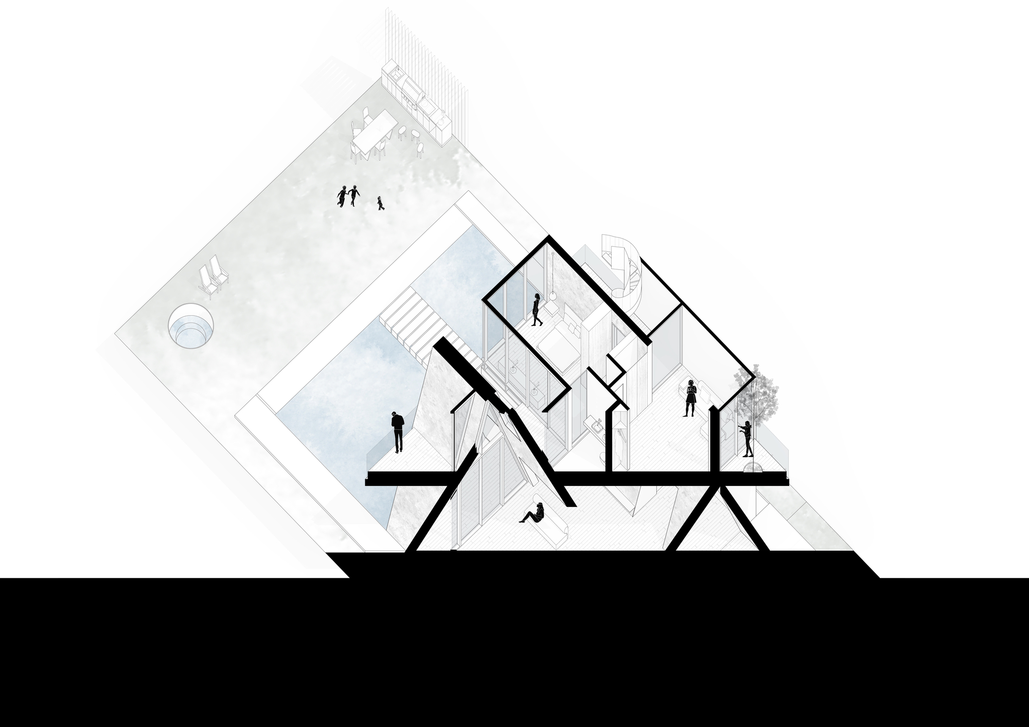 Section drawing showing angled roof beams and figures occupying terraced interior spaces