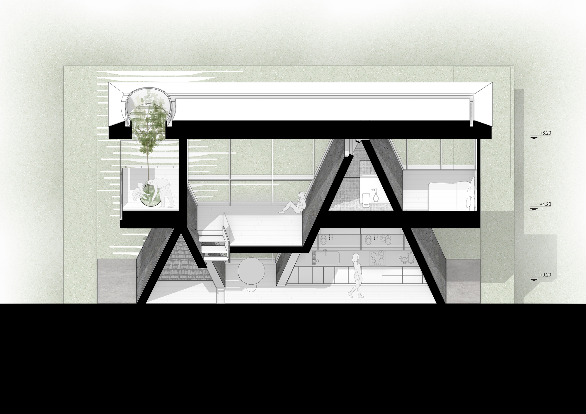 Section drawing showing diagonal structural members framing a double-height space with planted terraces