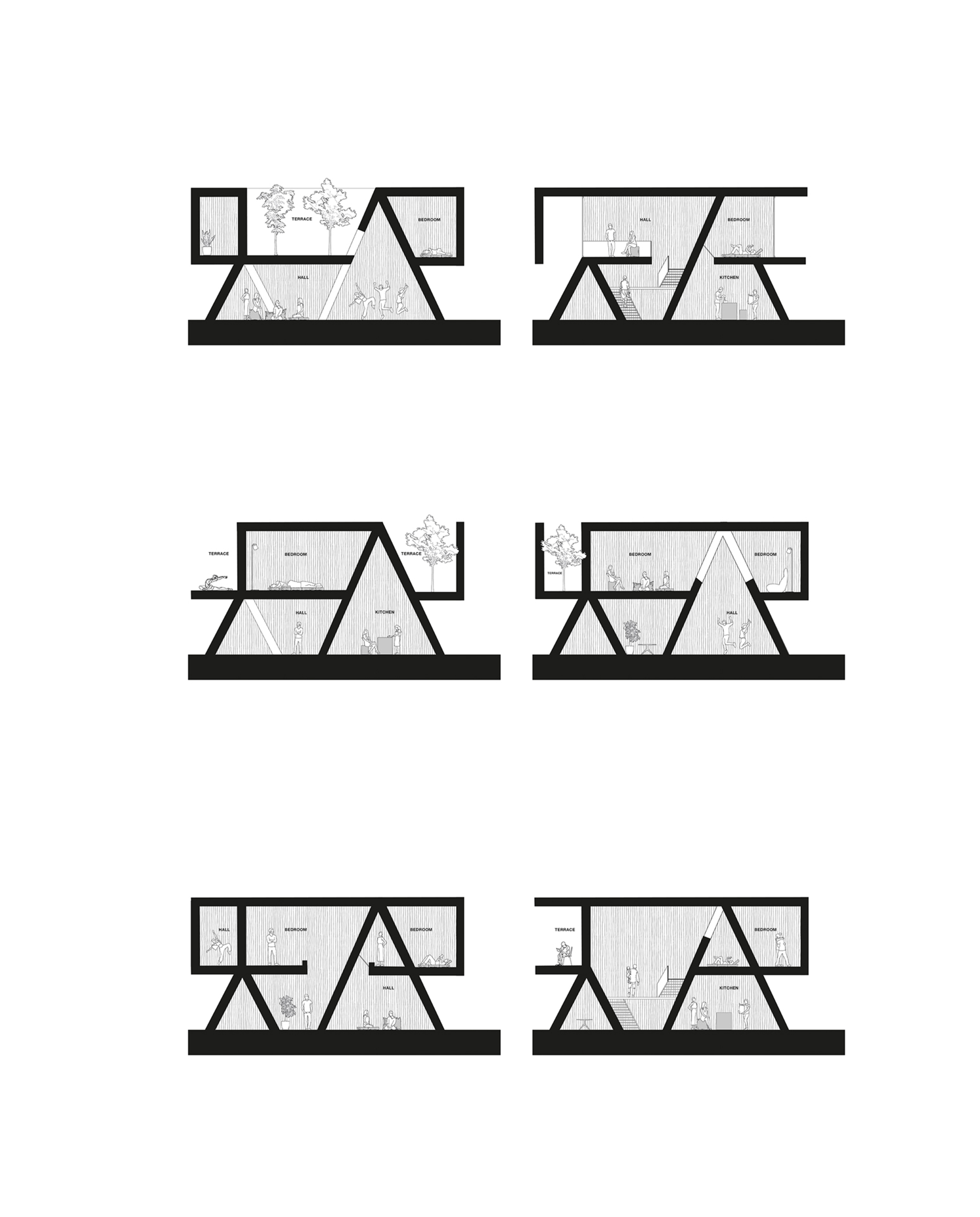 Six section drawings showing variations of angled roof structures over interior rooms with trees