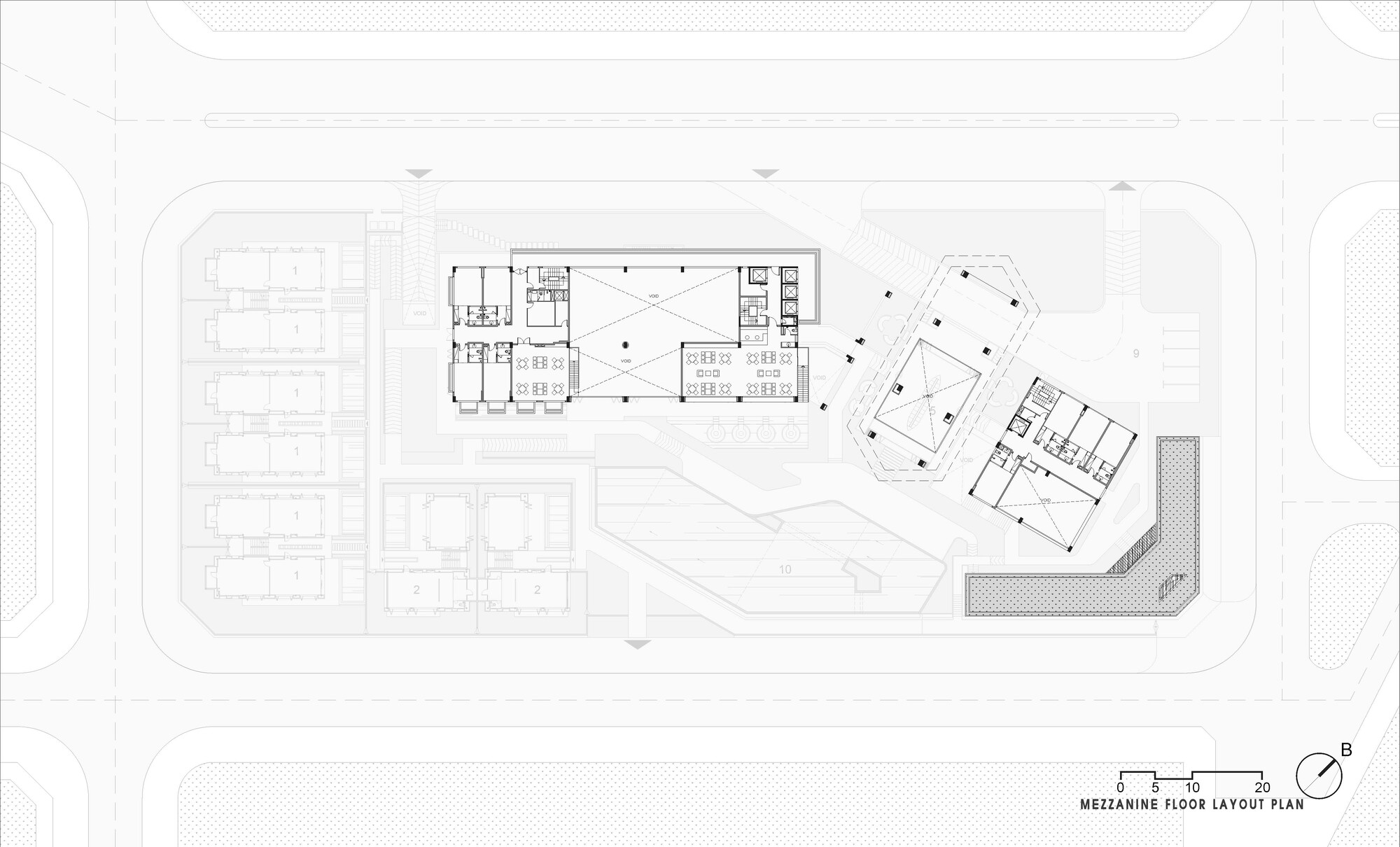 Mezzanine floor plan showing reduced footprint with central amenity spaces and angled circulation