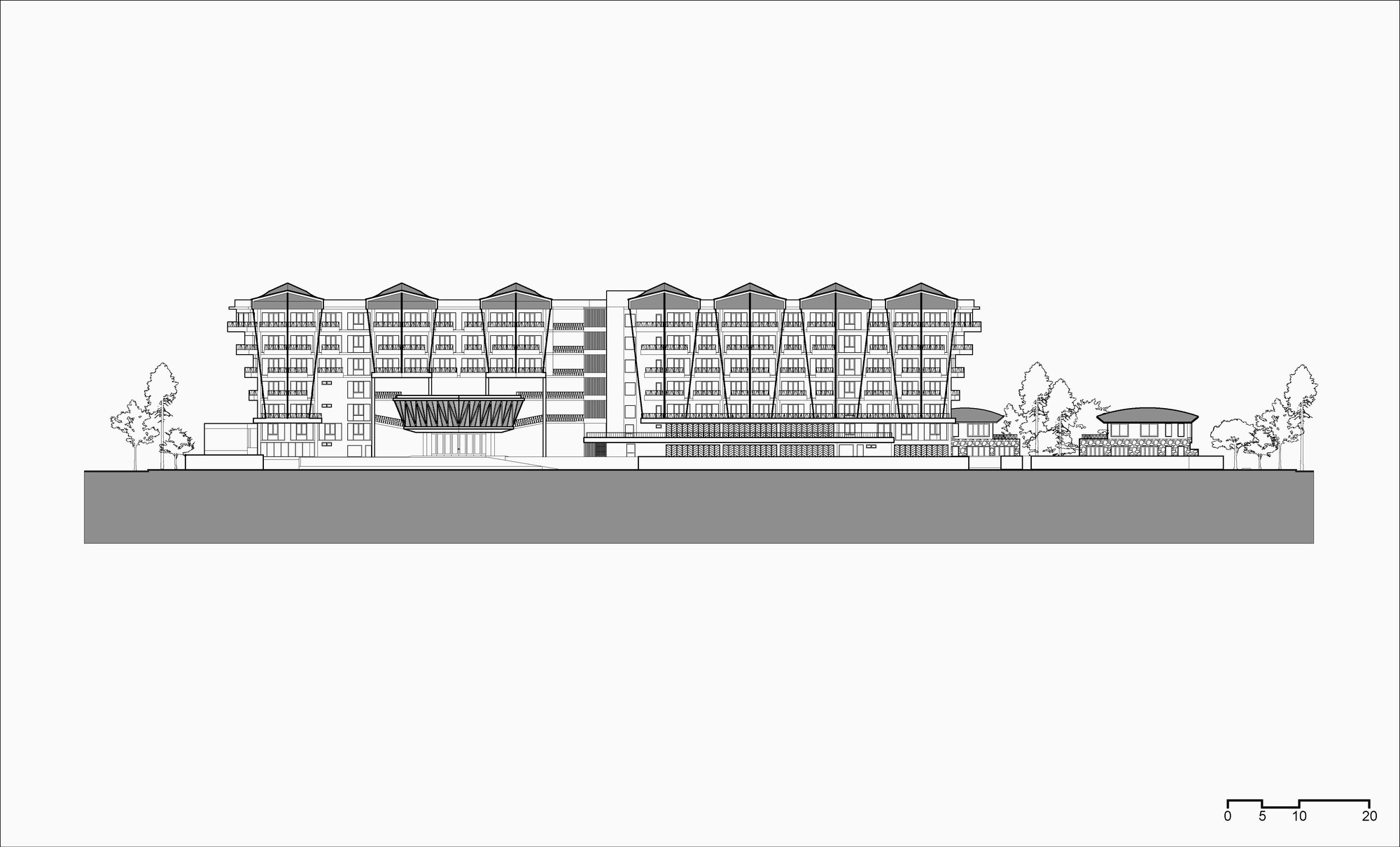 Elevation drawing showing a multi-storey residential block with pitched roofs and flanking trees