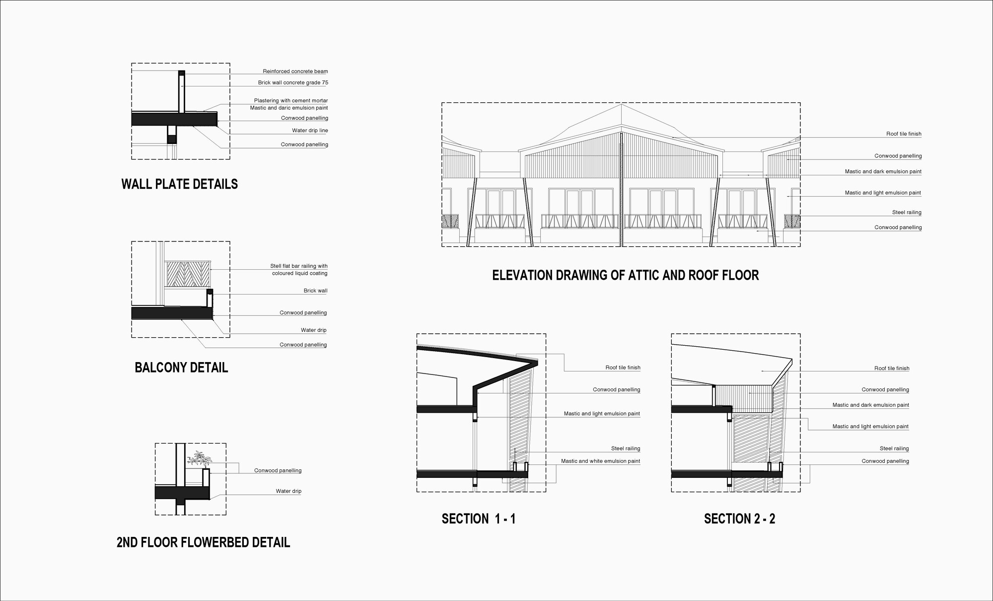 Construction detail drawings including wall plate, balcony, flowerbed sections and attic elevation with annotations