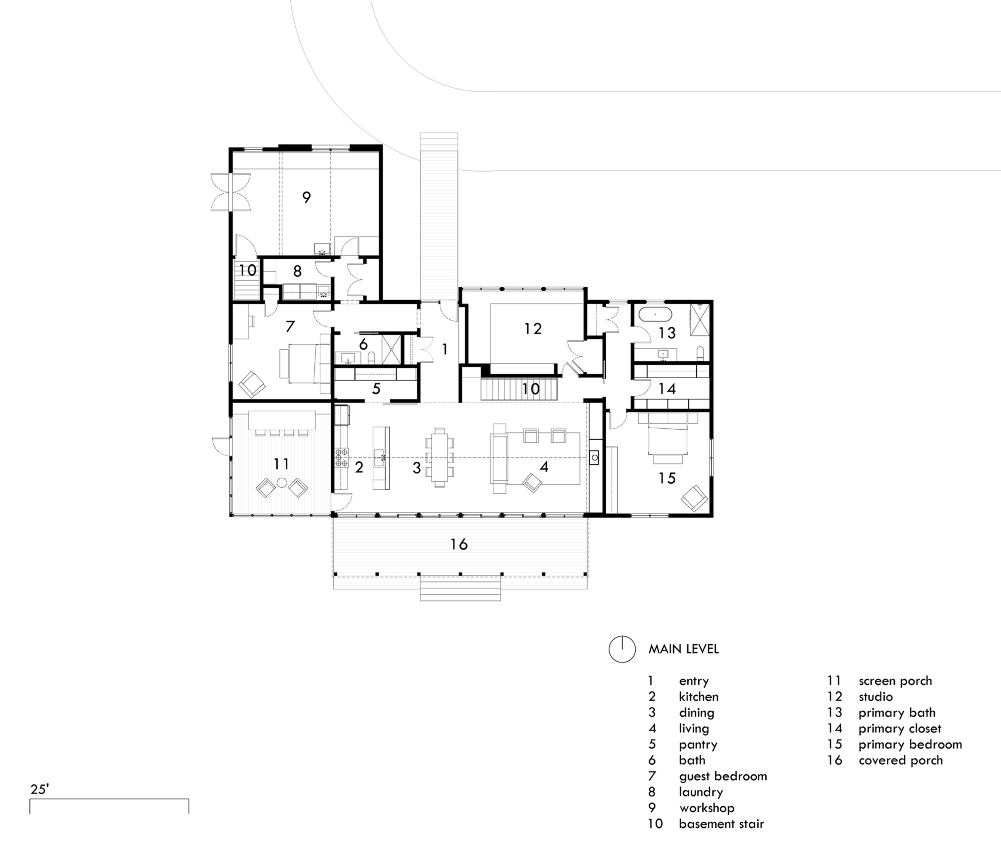 Floor plan drawing showing a spread arrangement of rooms around central kitchen, dining, and living spaces with covered porch