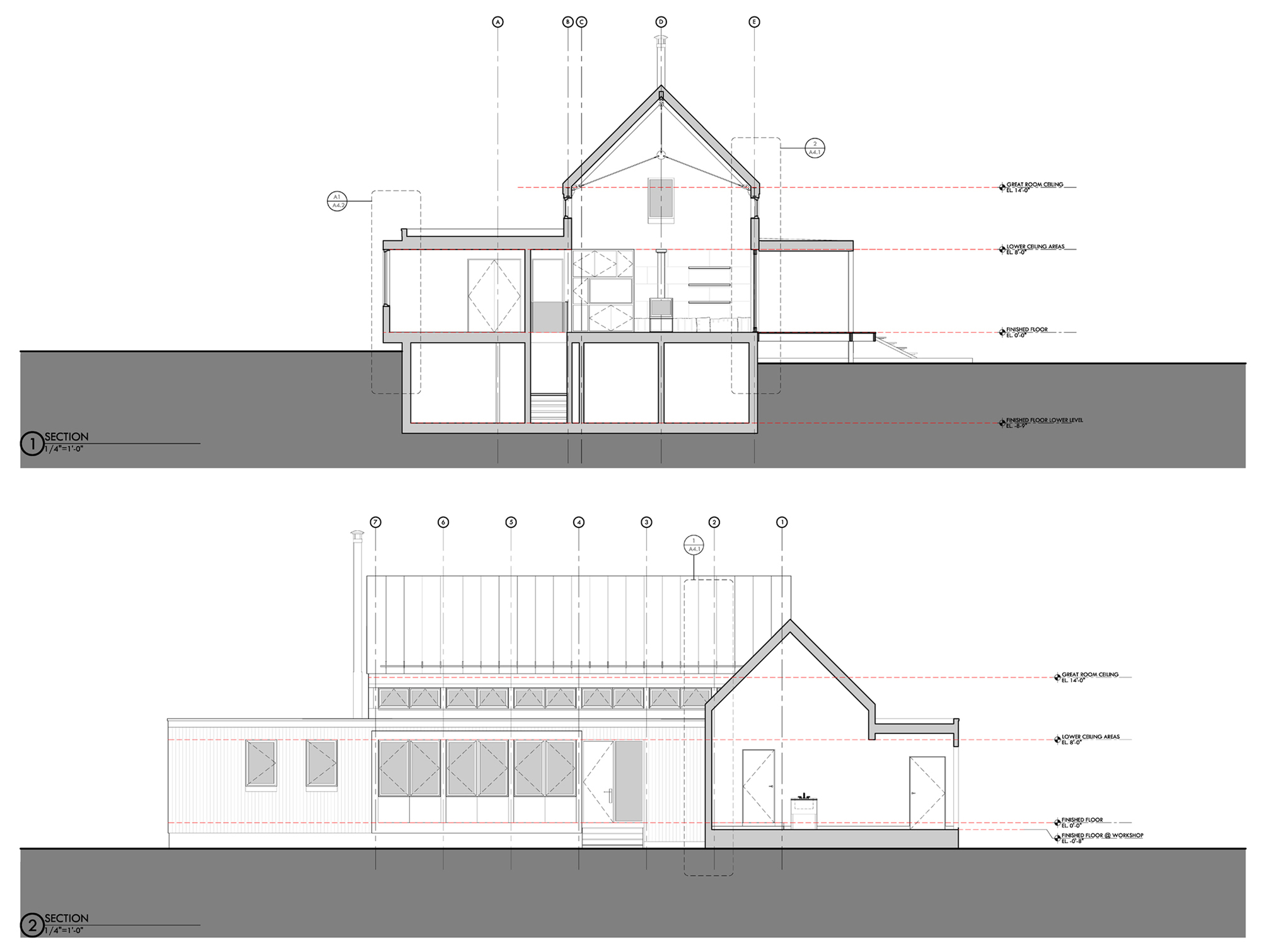 Section and elevation drawings illustrating the pitched-roof volume connected to a flat-roofed wing with clerestory windows