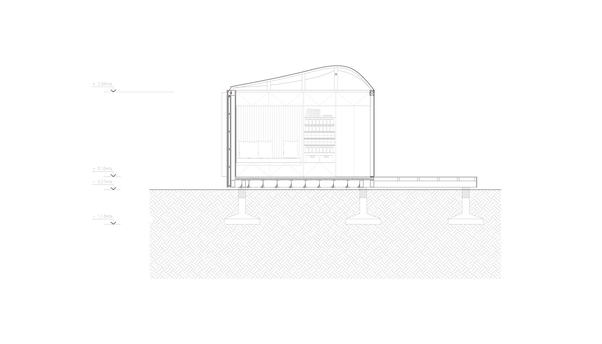 Section drawing showing arched volume on grade with timber deck extending from the interior