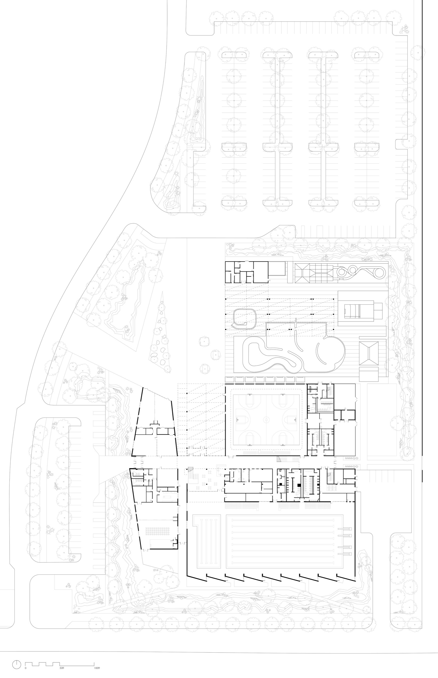 Site plan drawing showing clustered building volumes with outdoor pool and parking area