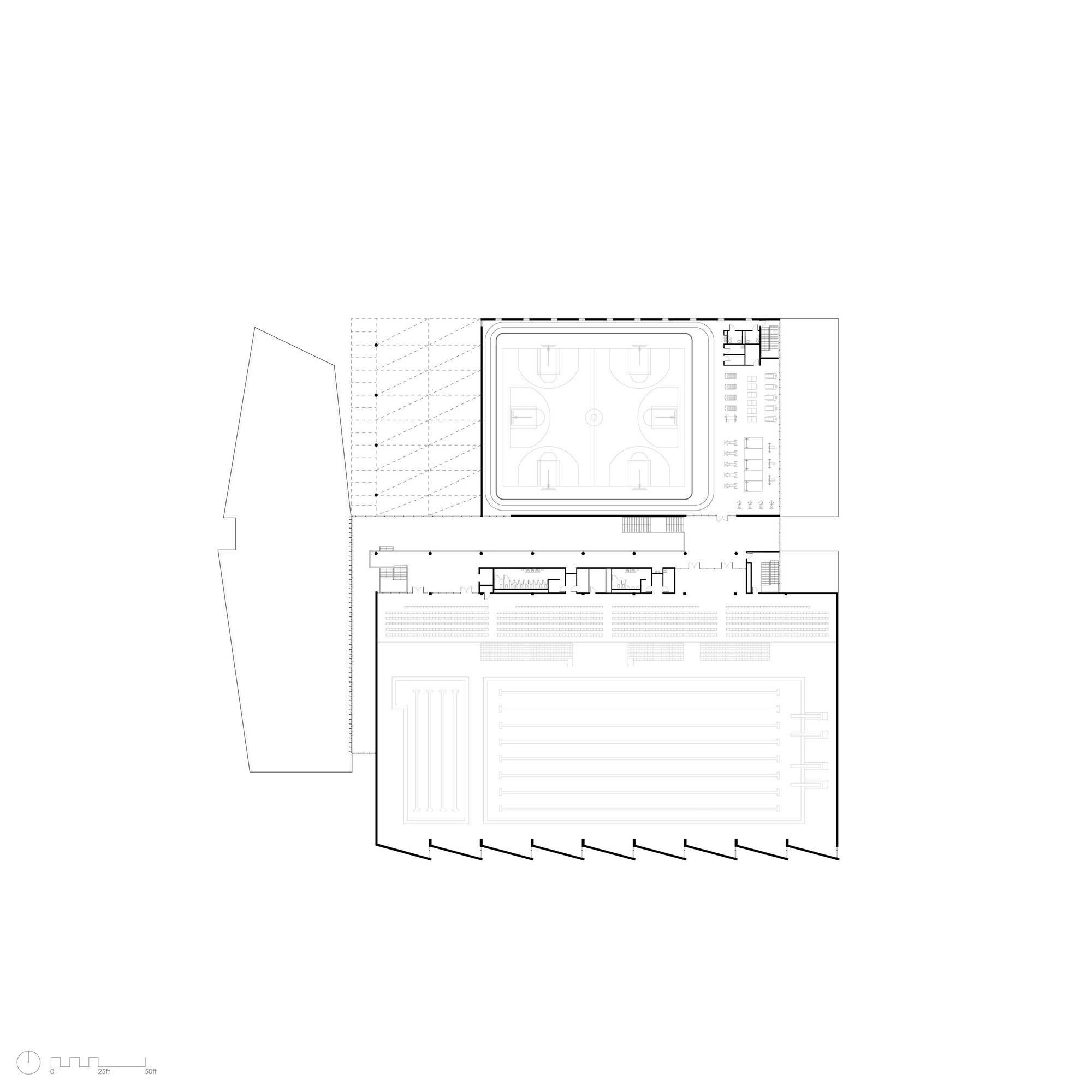 Level plan drawing showing sports court and outdoor pool with flanking support spaces