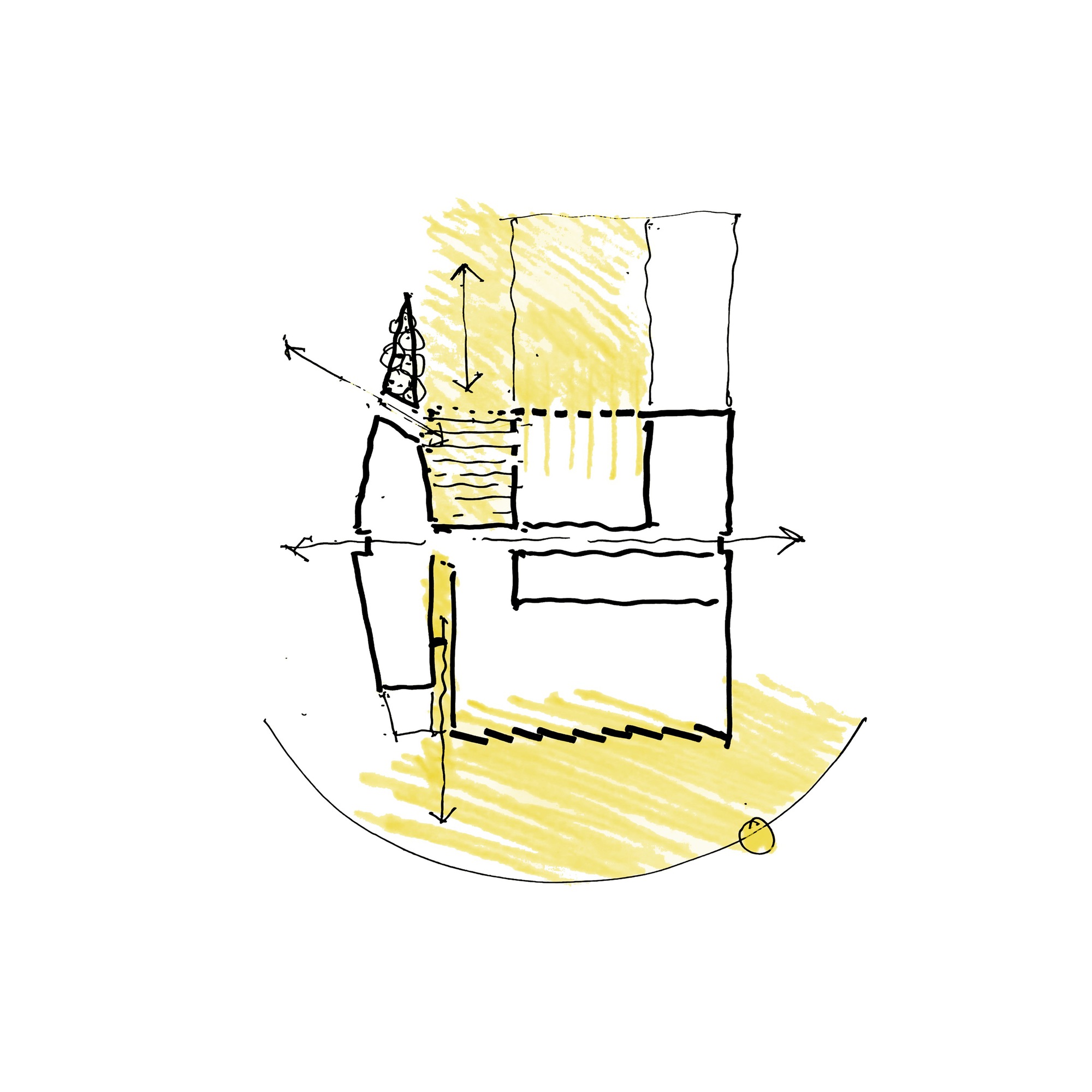Sketch diagram illustrating natural light paths and circulation through stacked interior volumes