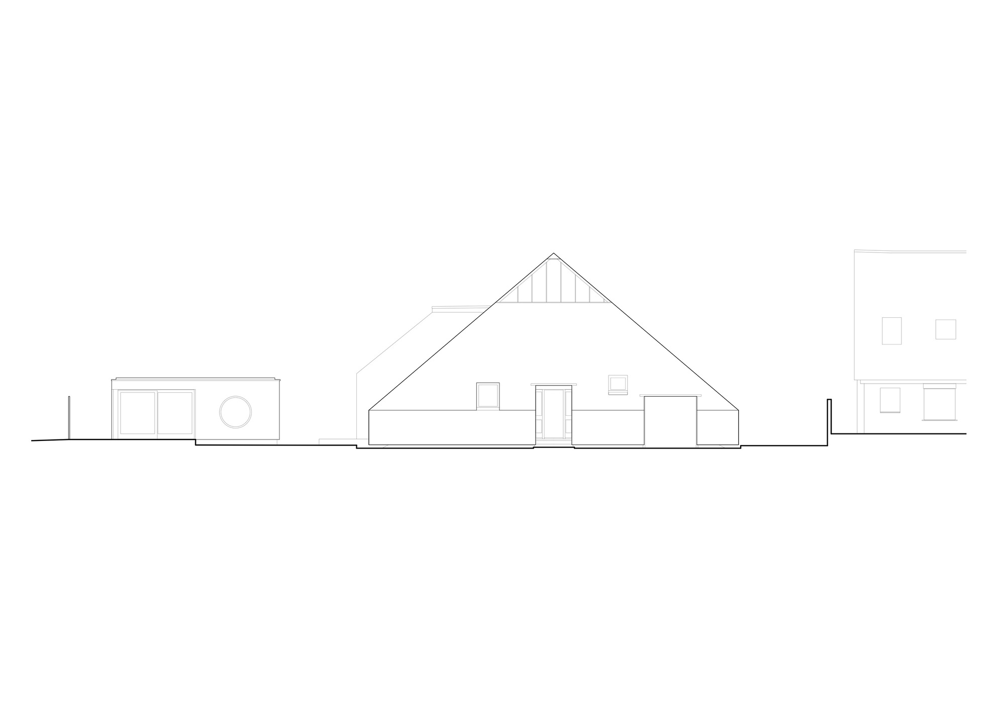 Elevation drawing depicting a gabled house with vertical siding flanked by lower flat-roofed volumes