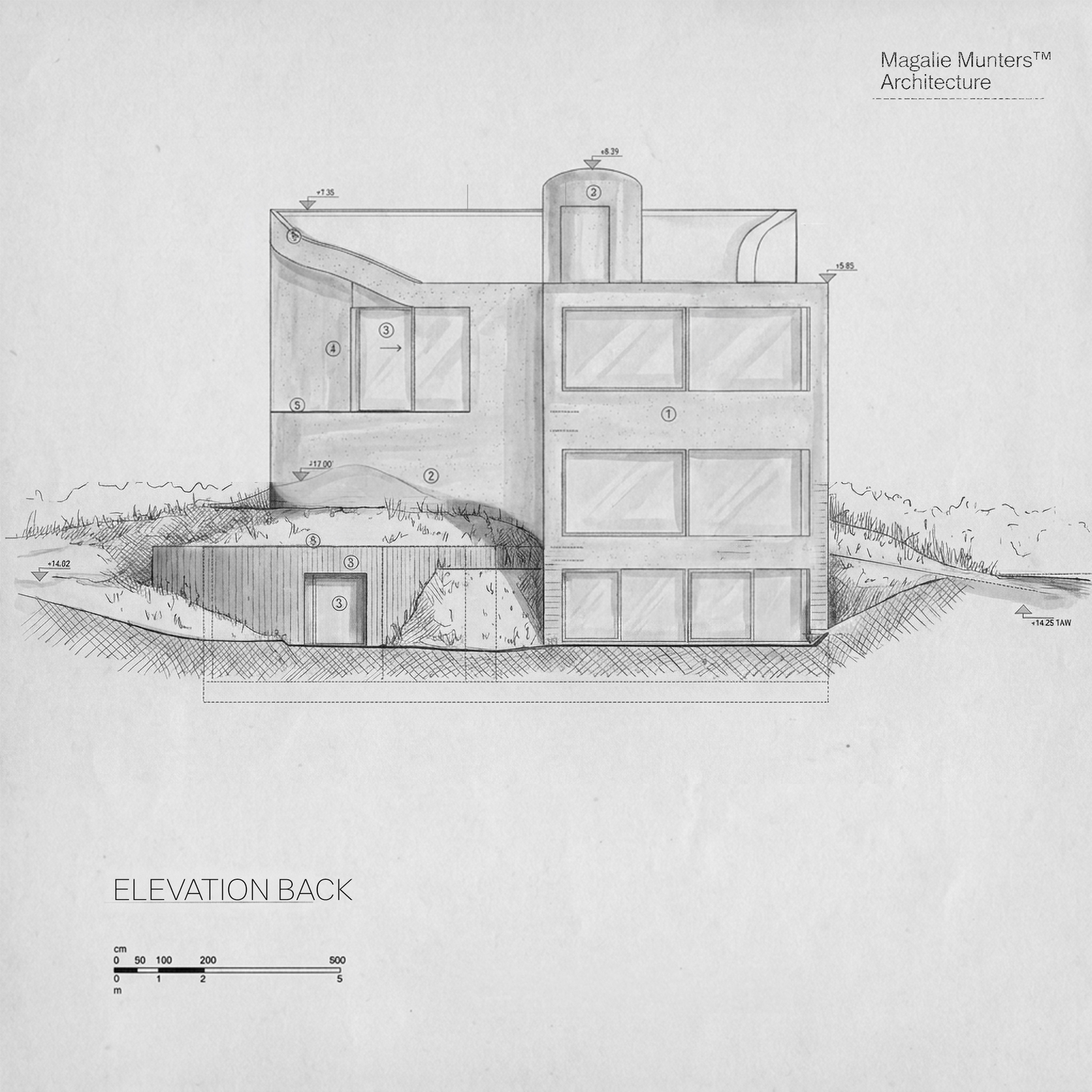 Back elevation drawing showing windows and cylindrical tower set into a hillside with vegetation