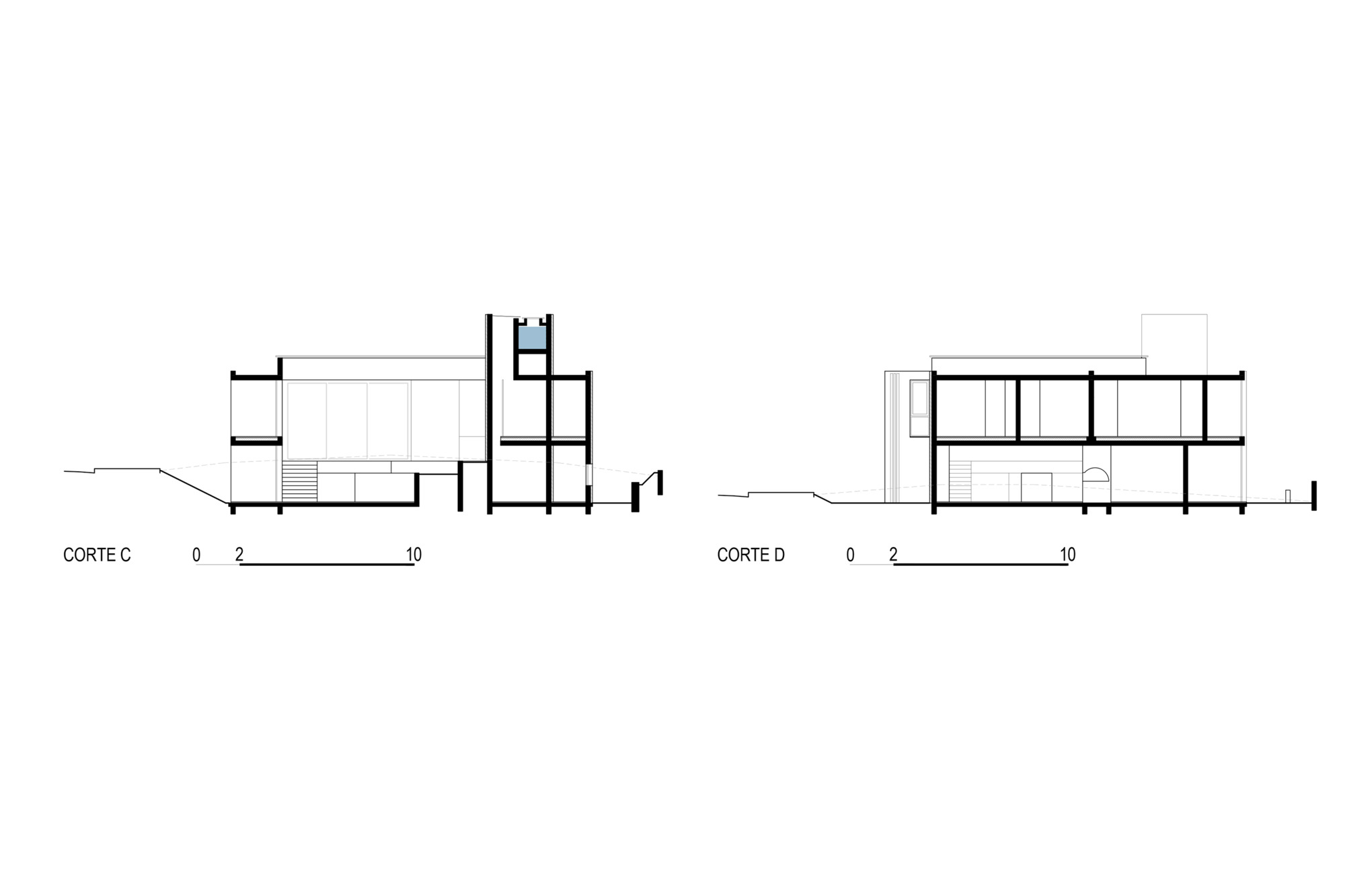 Section drawings showing transverse cuts through the two-story volume and sloping topography