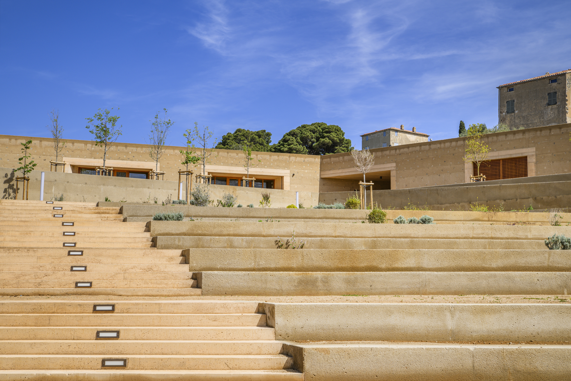 Sunlit terraced steps with embedded strip lights and scattered plantings leading up to the low concrete building