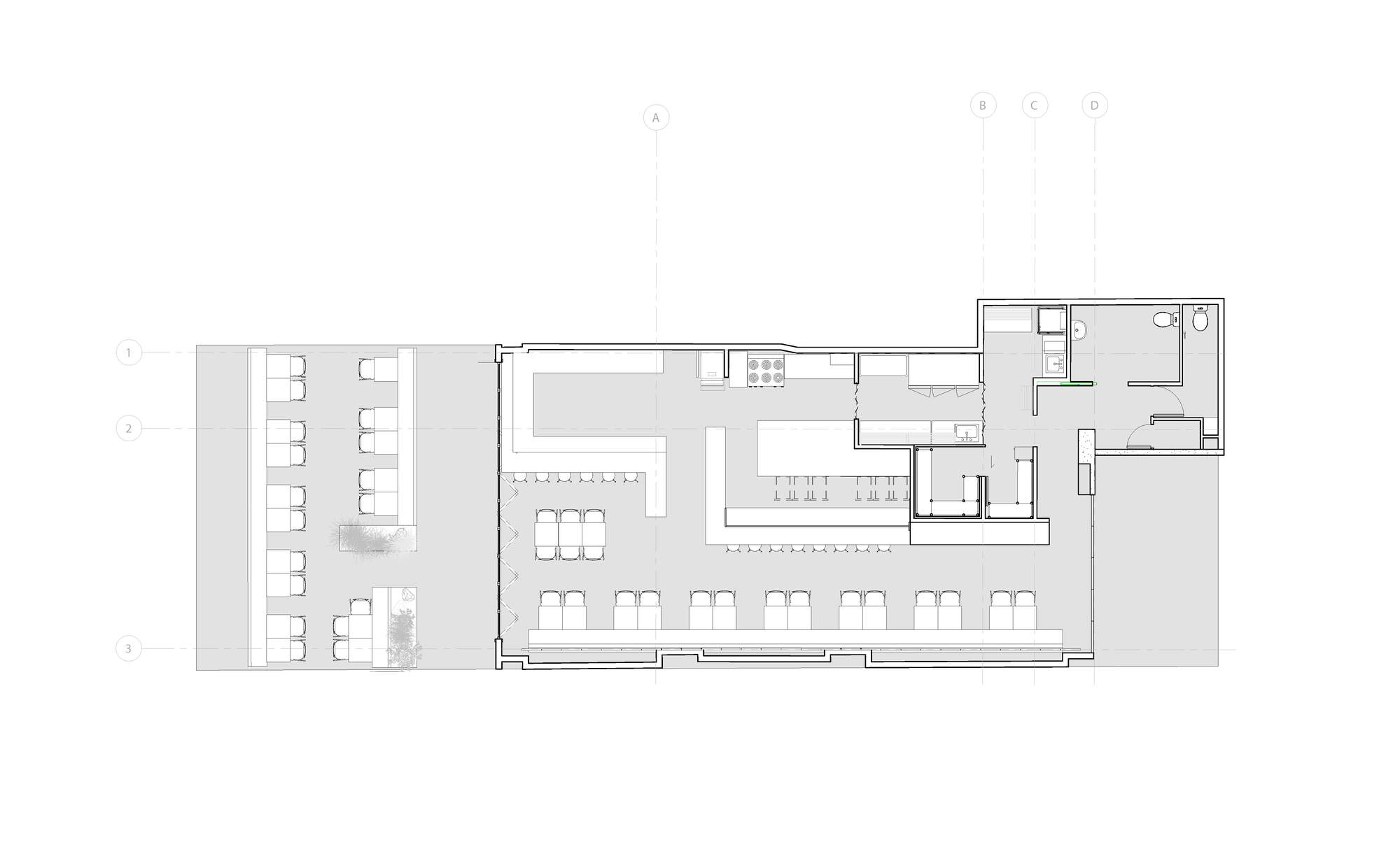 Floor plan showing a dining hall with rows of seating and service areas
