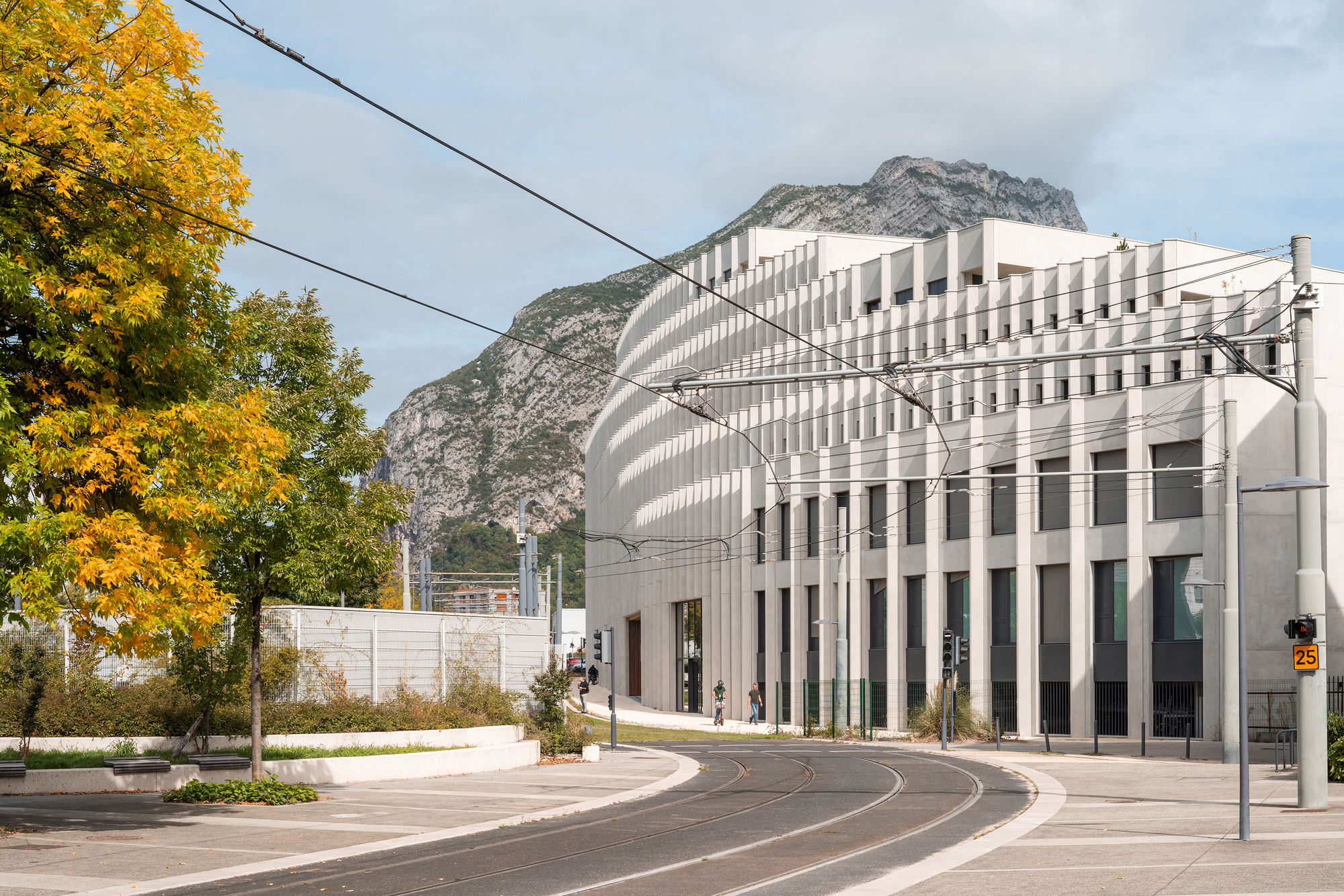 Street view of the curved facade beside a tree with autumn foliage and tram wires