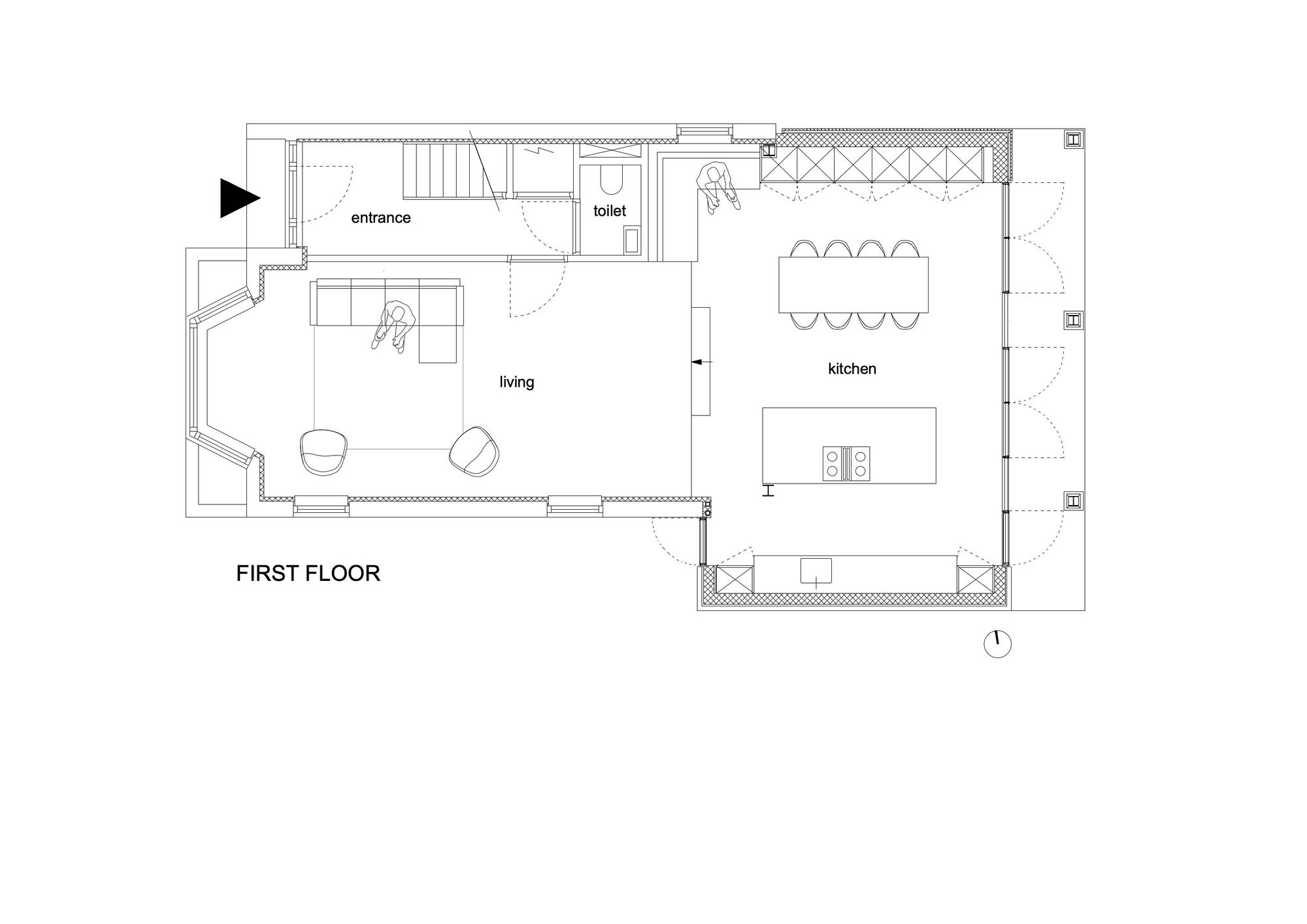 Floor plan drawing showing entrance, living area, toilet, and kitchen with central island and dining table
