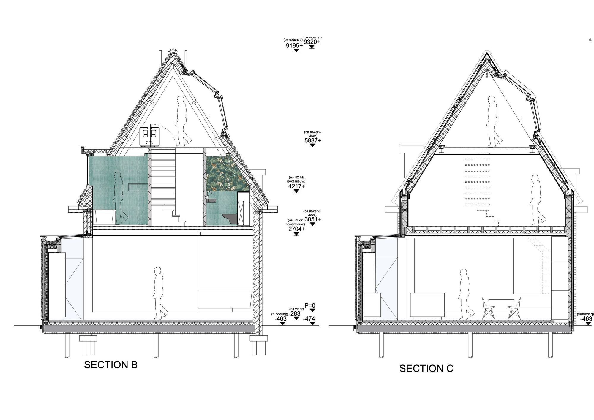 Section drawings showing steeply pitched roof volumes with interior levels and glazed openings with human figures for scale