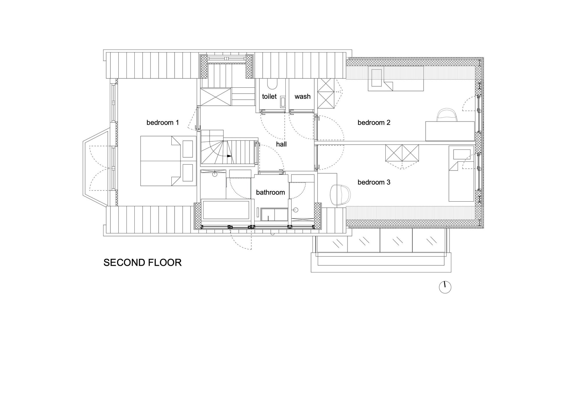 Floor plan drawing showing three bedrooms, bathroom, hall, and central staircase with balcony extension