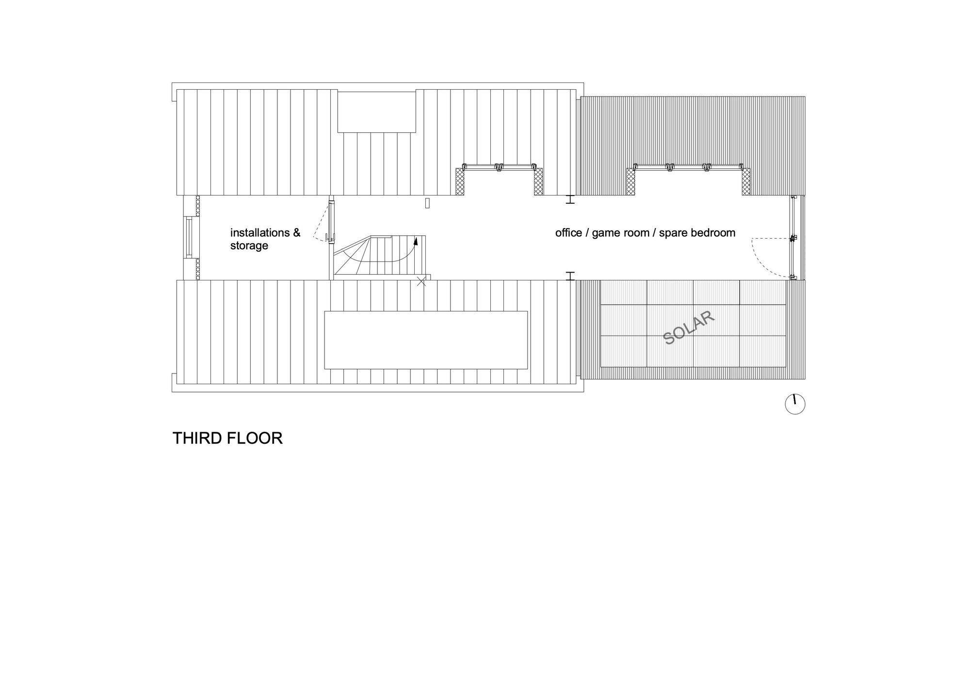 Floor plan drawing showing storage, staircase, multipurpose office room, and solar panel area on the upper level