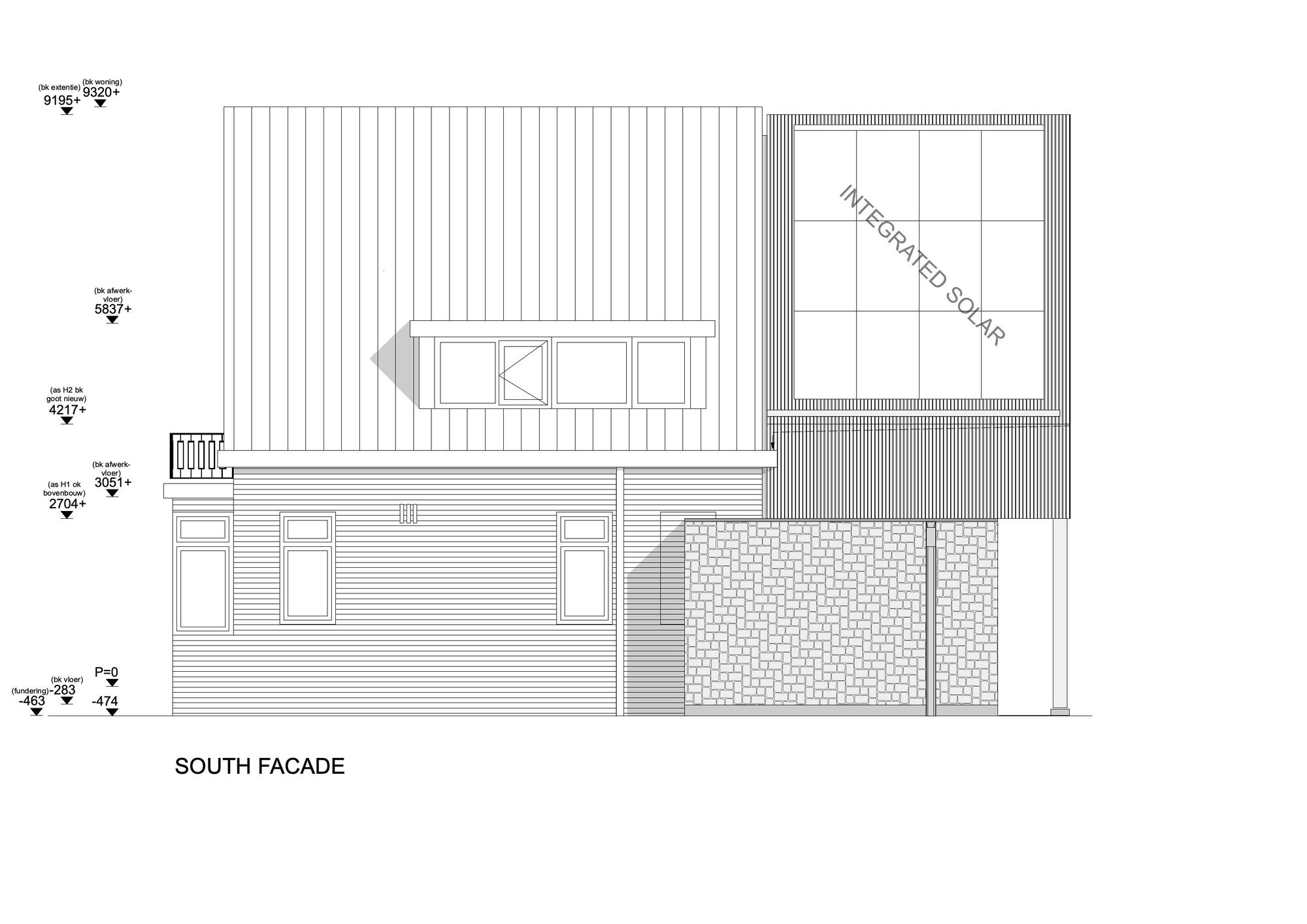 Elevation drawing showing vertical cladding, horizontal siding, grouped windows, and integrated solar panel zone