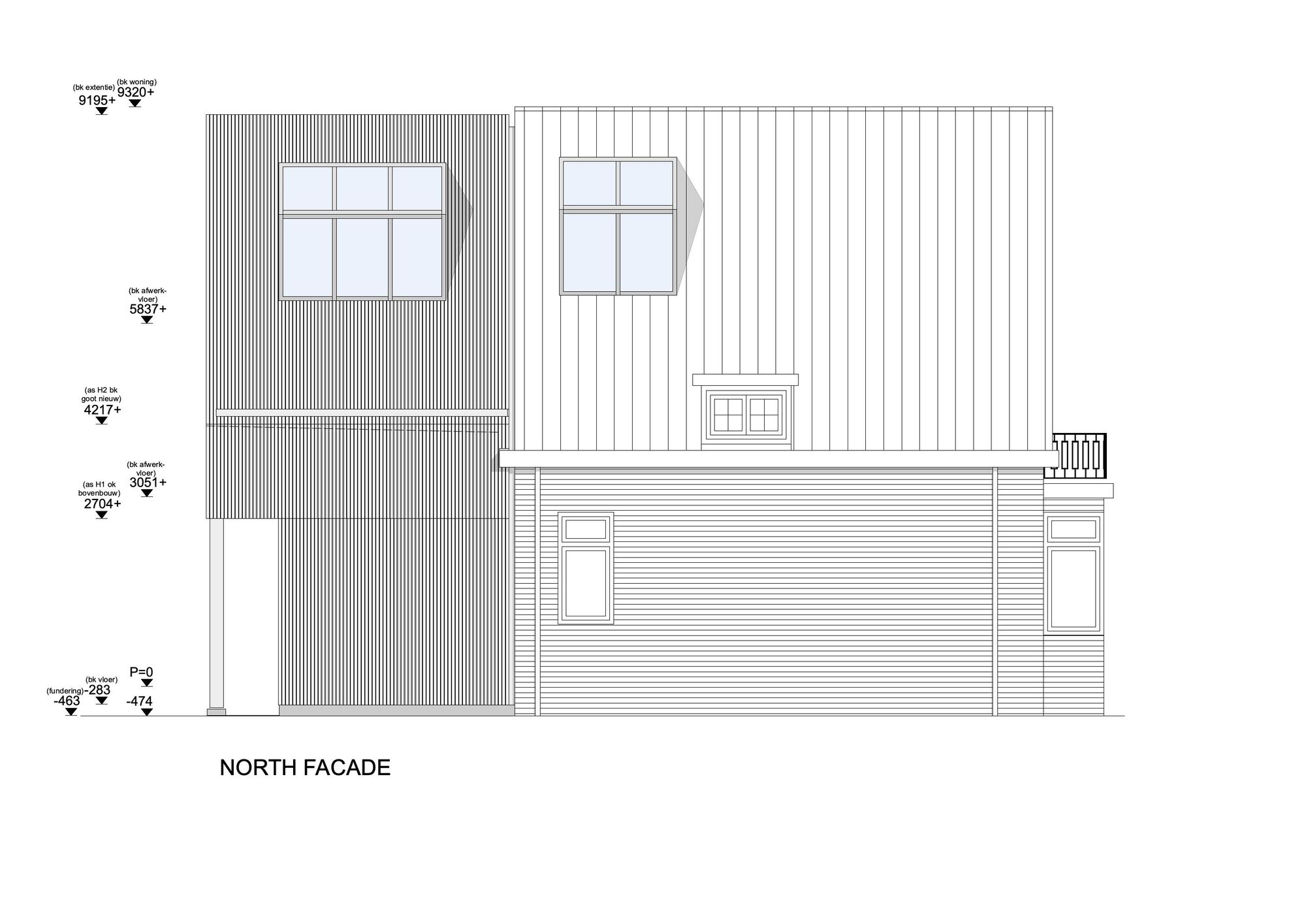Elevation drawing showing corrugated and vertical panel cladding with varied window openings across staggered volumes