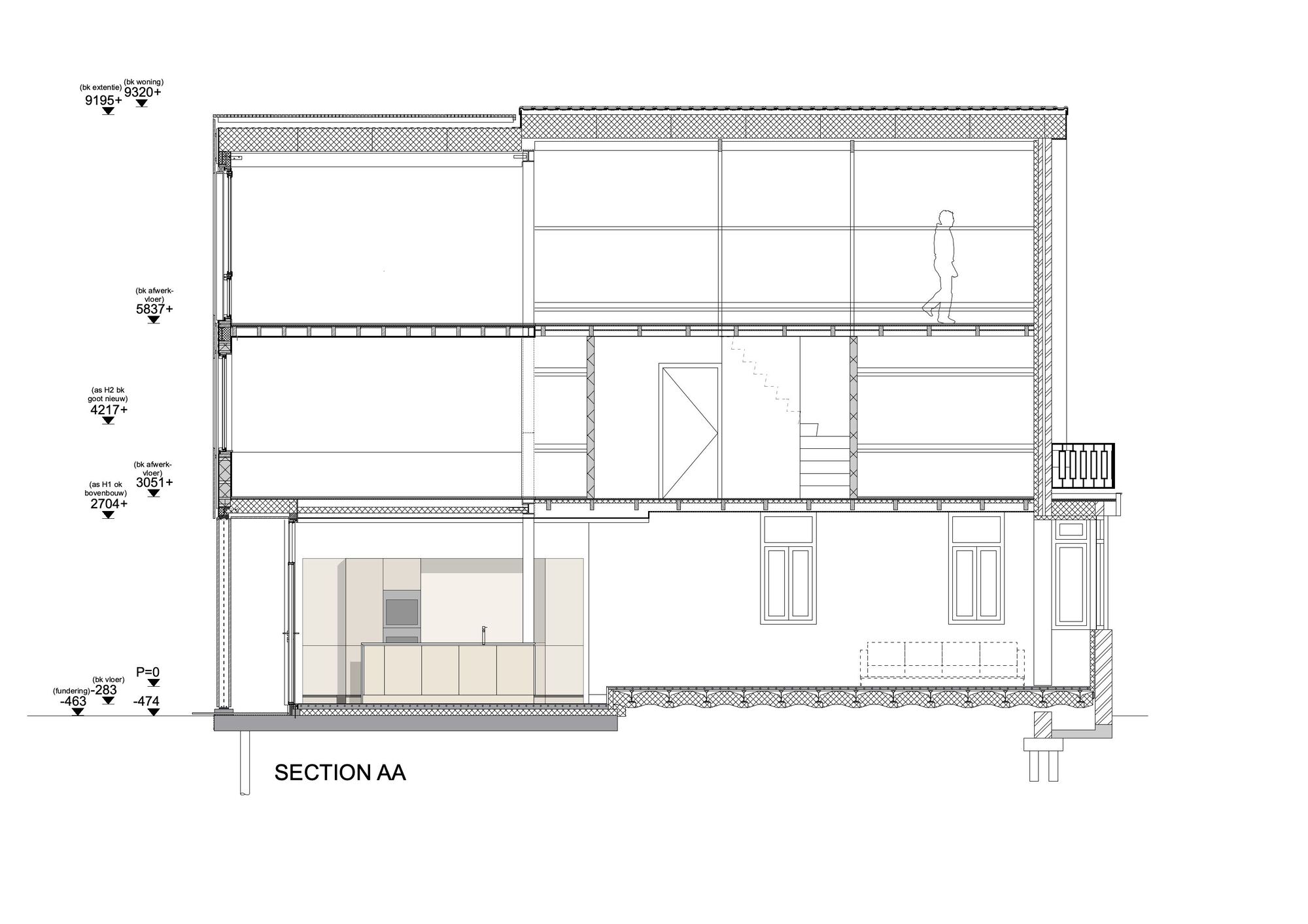 Section drawing revealing three-story layout with staircase connecting levels and double-height ground floor space