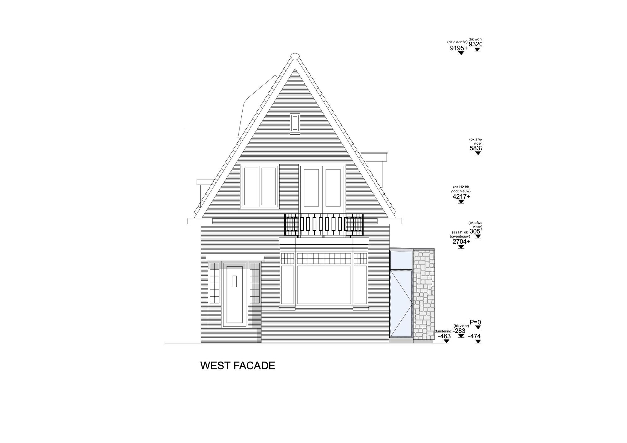 West facade elevation drawing showing gabled house with horizontal siding and upper-level balcony