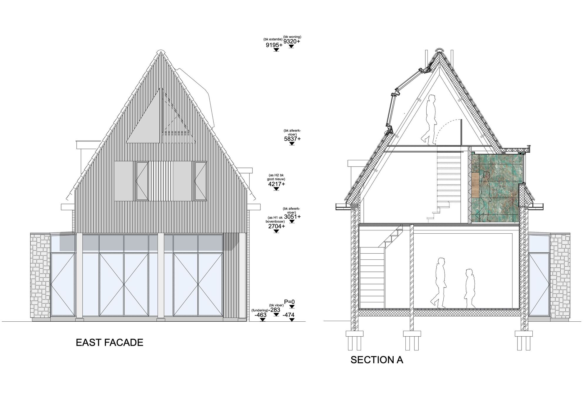 East facade elevation and section drawing showing gabled volume with vertical siding and interior staircase