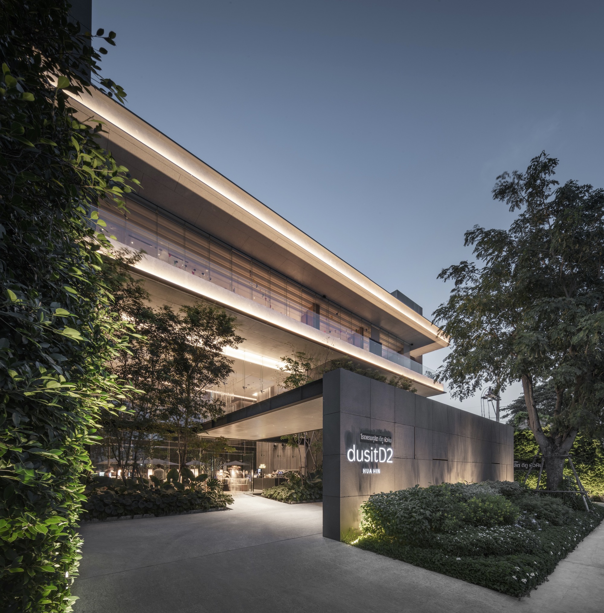 Entry approach with illuminated cantilevered floors framed by mature trees at dusk