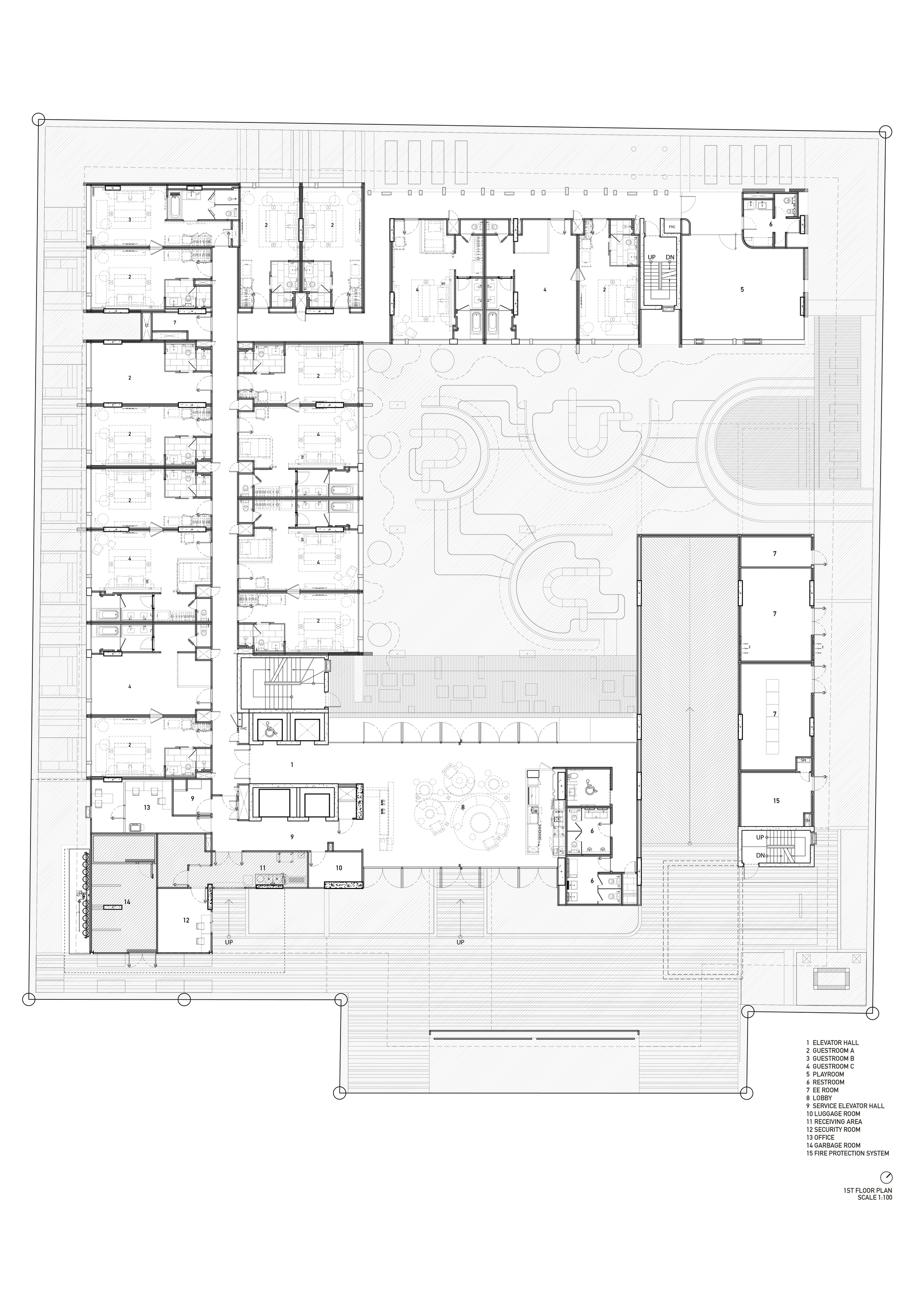 First floor plan showing curvilinear pool forms within a landscaped courtyard