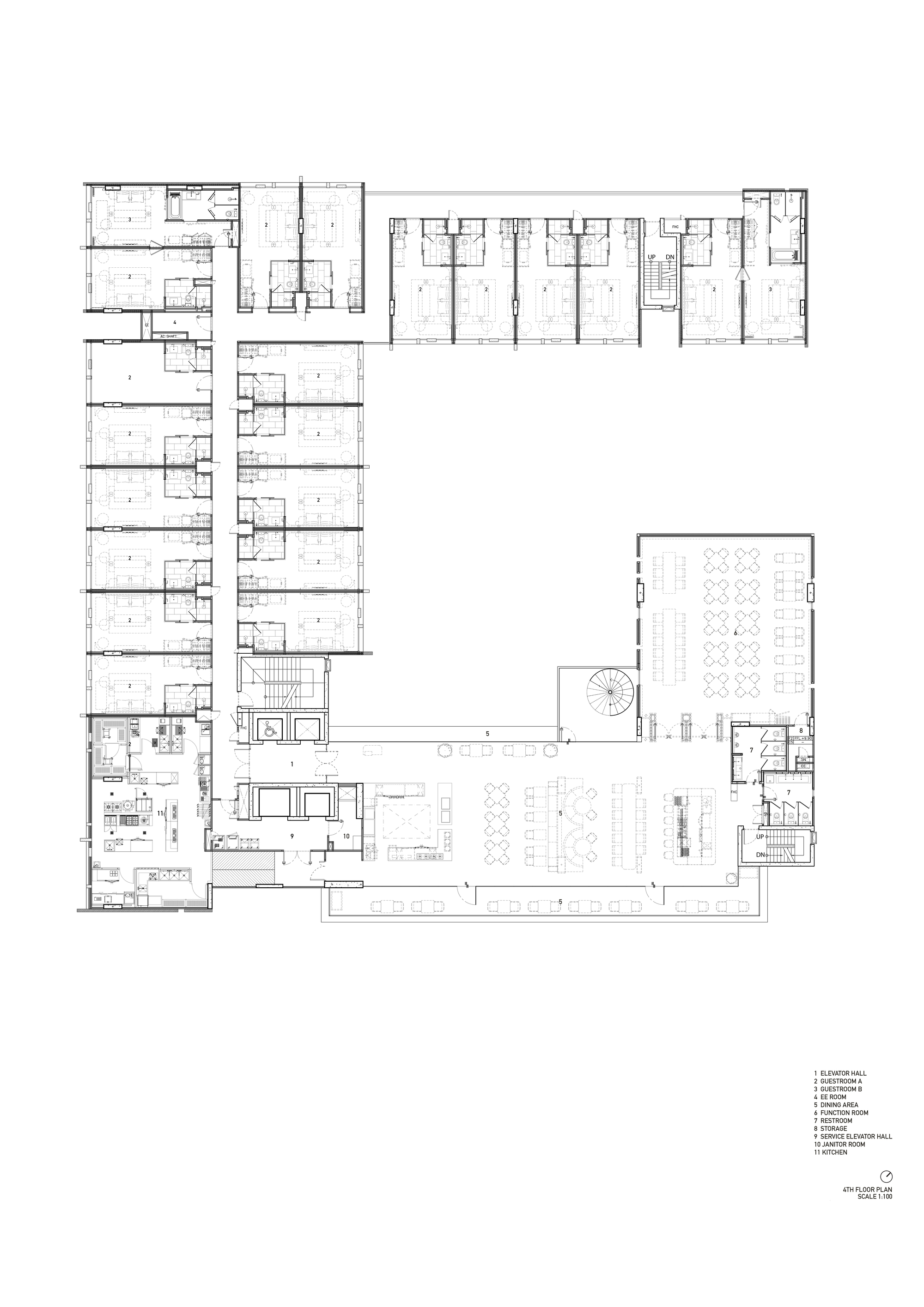 Ground floor plan drawing showing U-shaped building with central courtyard and seating areas