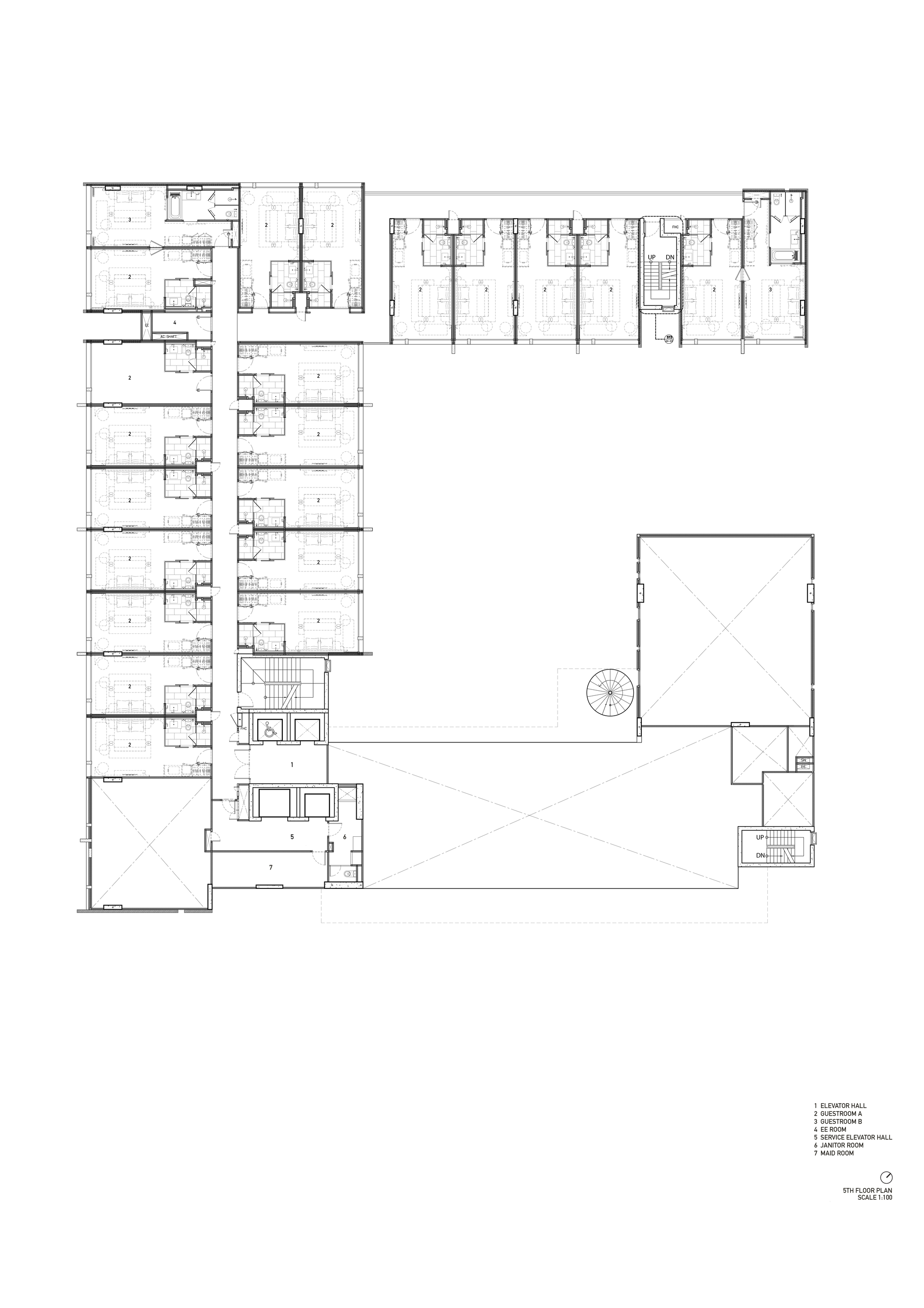 First floor plan drawing showing residential wings wrapping around large open courtyard space
