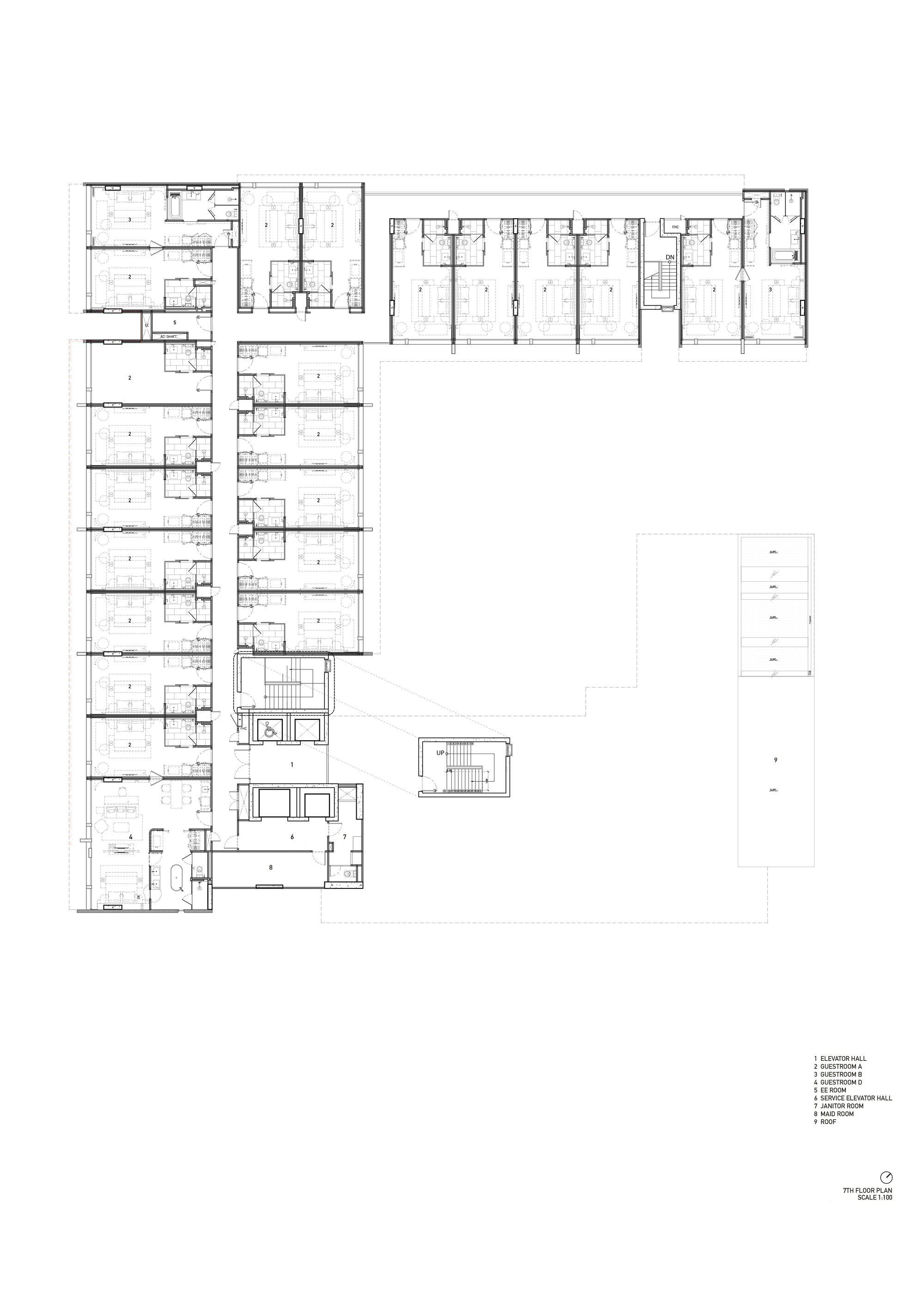 Roof plan drawing showing linear building volumes and upper level outdoor spaces