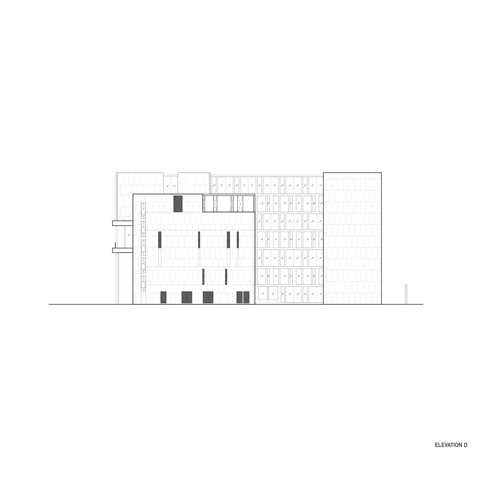 Elevation drawing depicting a facade composition with open loggias and gridded screening elements